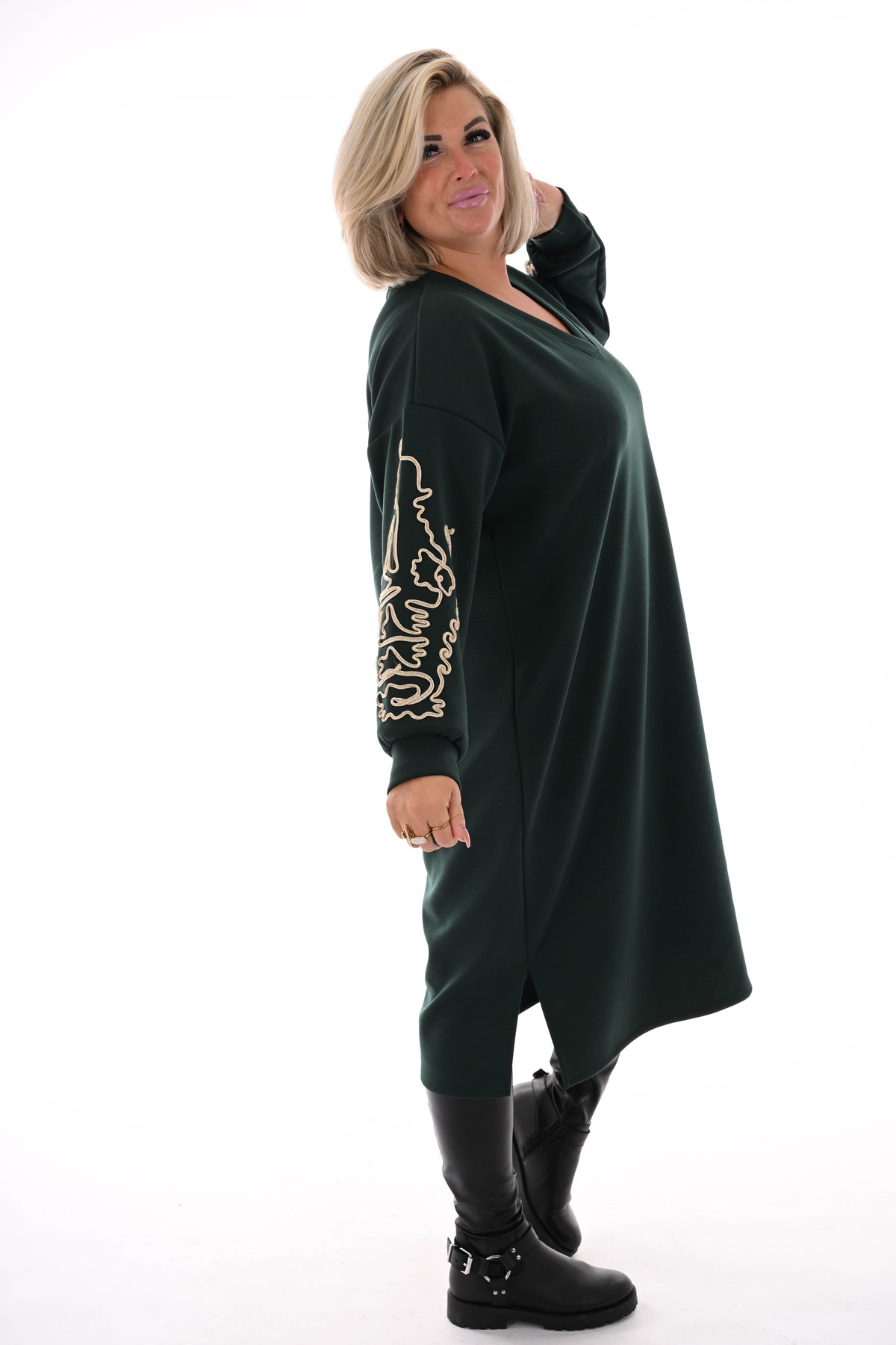 Sweaterdress gouden borduursels donkergroen