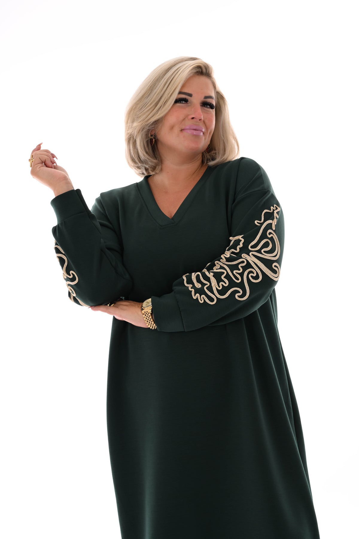 Sweaterdress gouden borduursels donkergroen