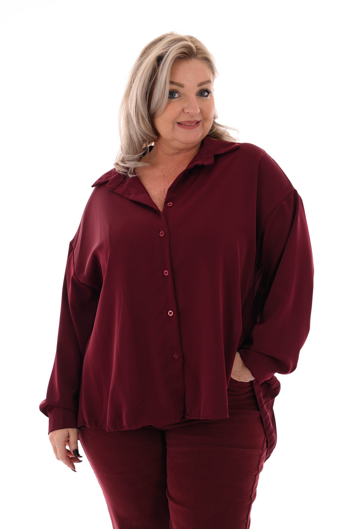 Doorknoop blouse uni plisse rug aubergine