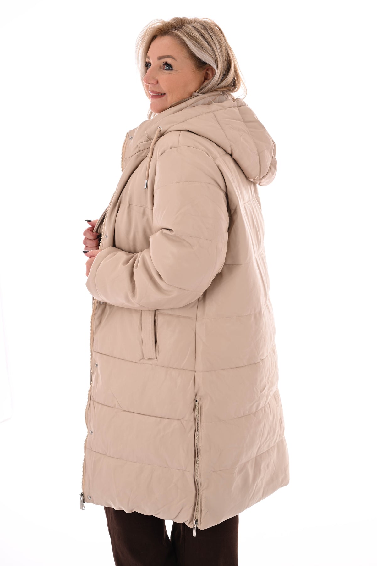 Leatherlook jas met capuchon beige