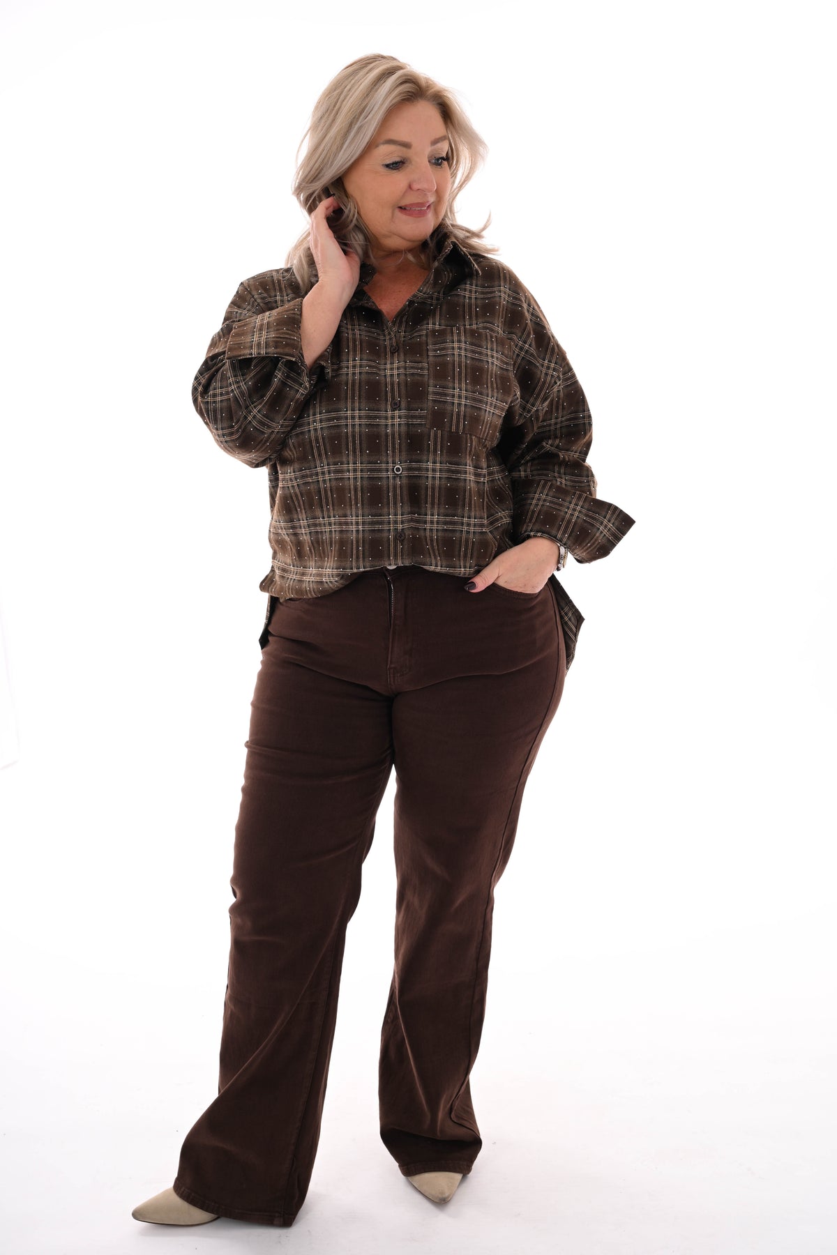 Houthakkers blouse met strass steentjes bruin