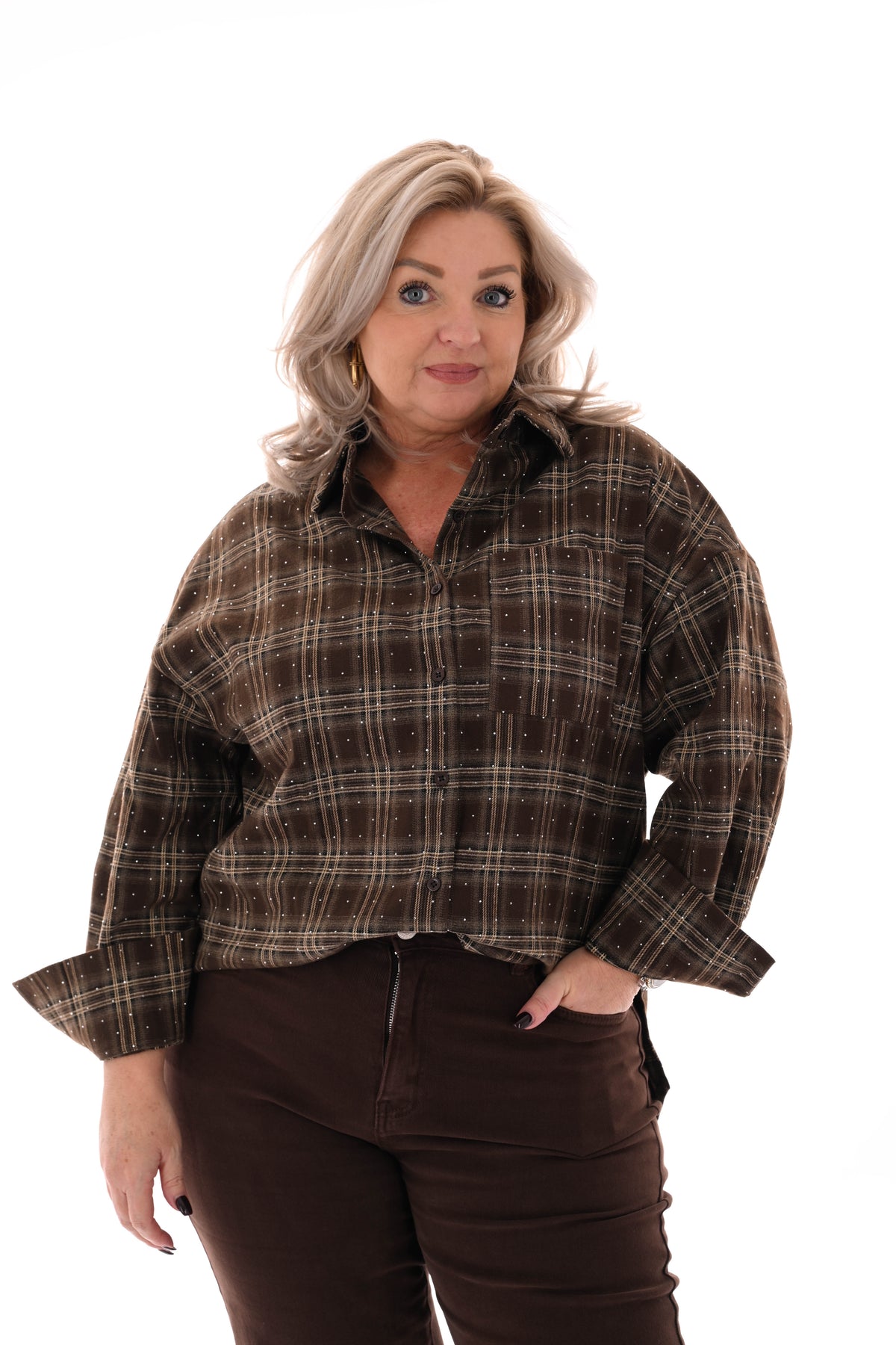 Houthakkers blouse met strass steentjes bruin