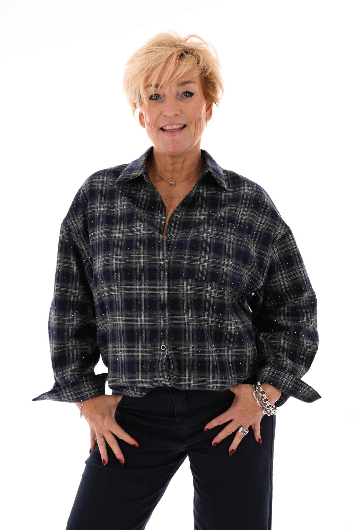 Houthakkers blouse met strass steentjes marineblauw