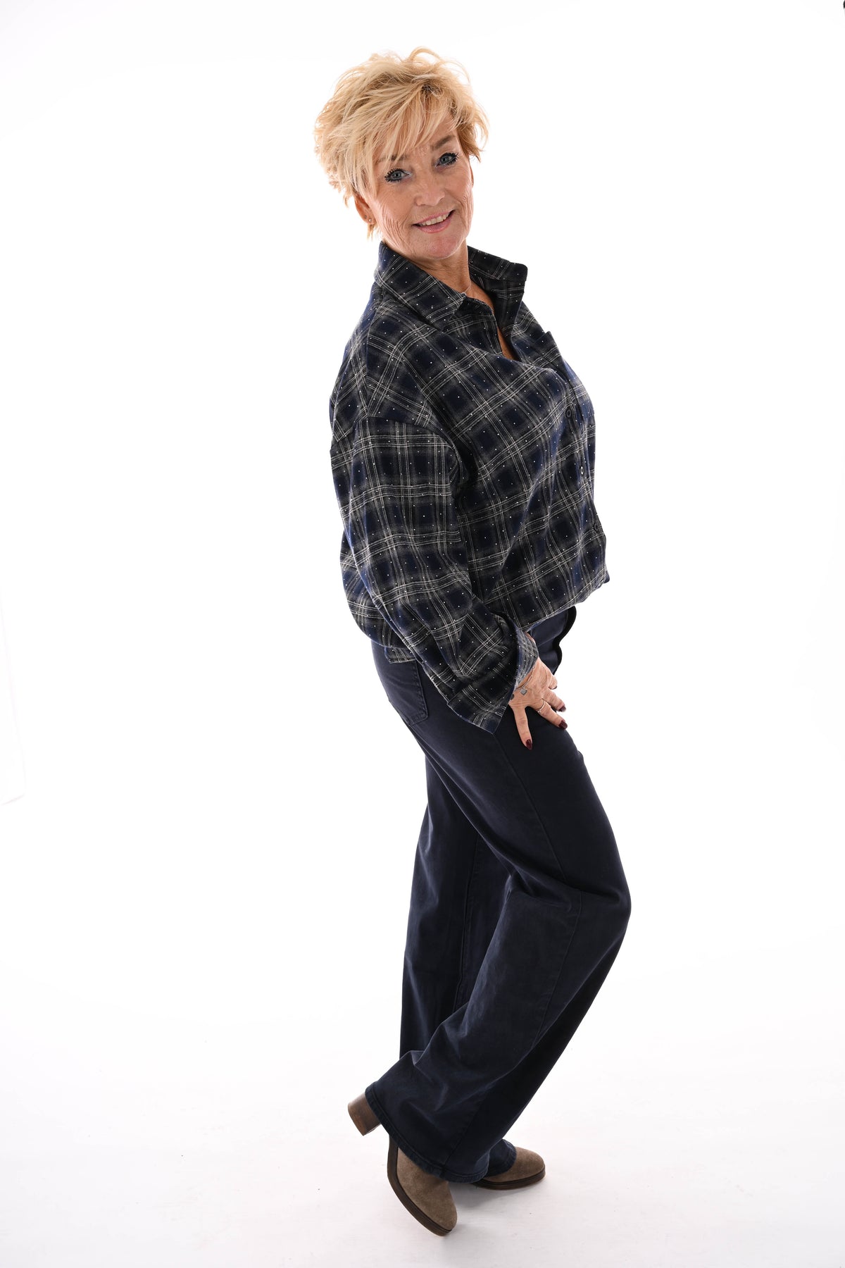 Houthakkers blouse met strass steentjes marineblauw