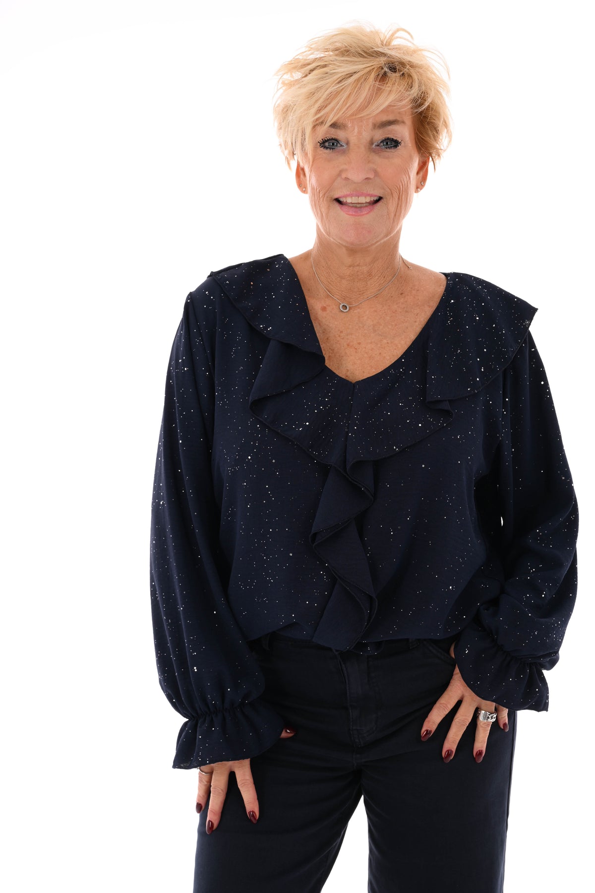 Blouse v-hals roezels glitter marineblauw