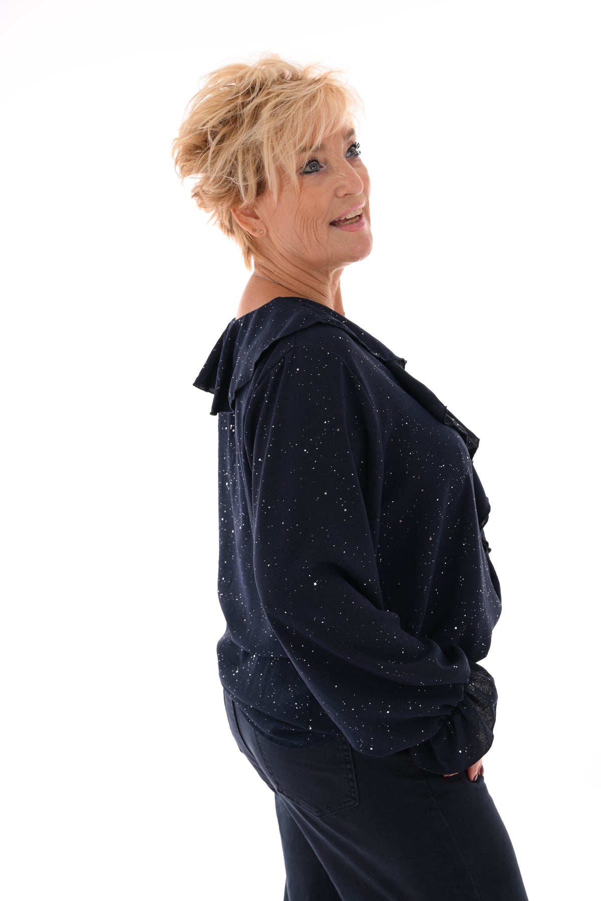 Blouse v-hals roezels glitter marineblauw