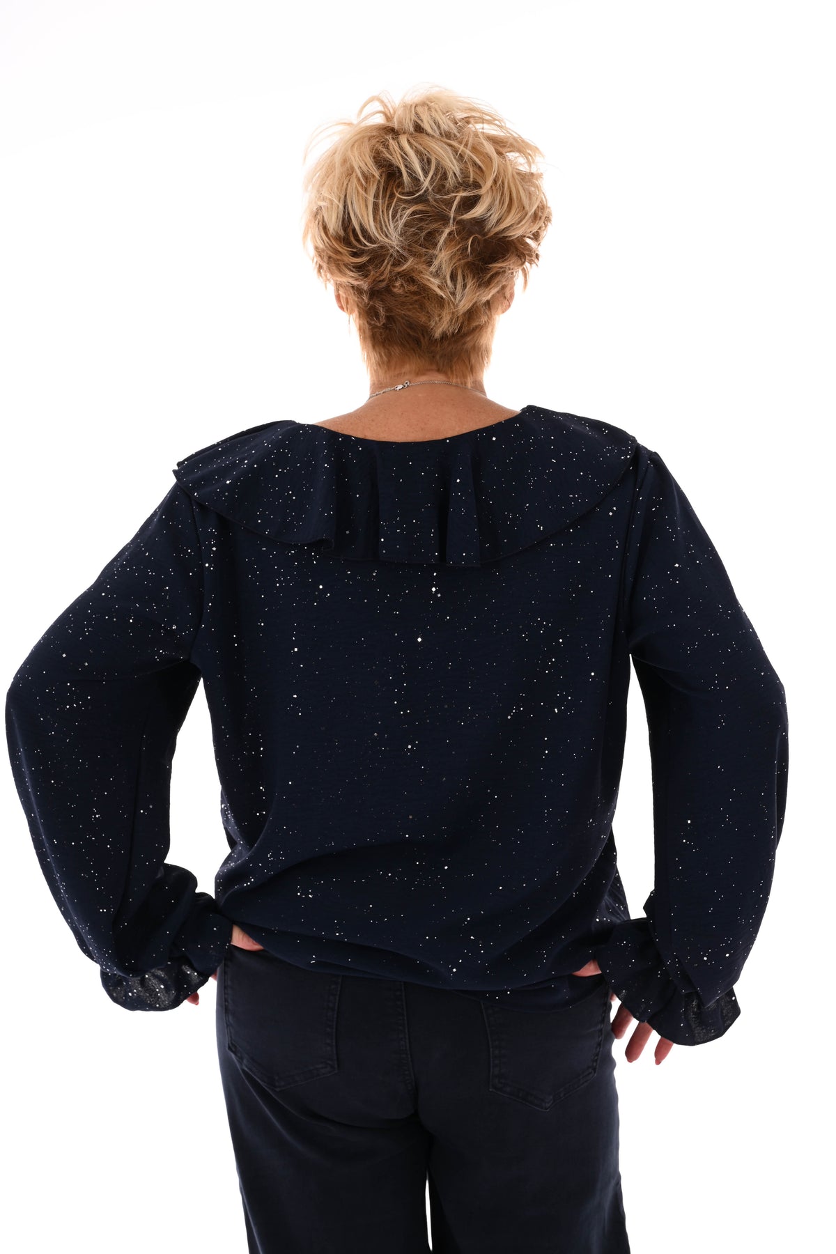 Blouse v-hals roezels glitter marineblauw
