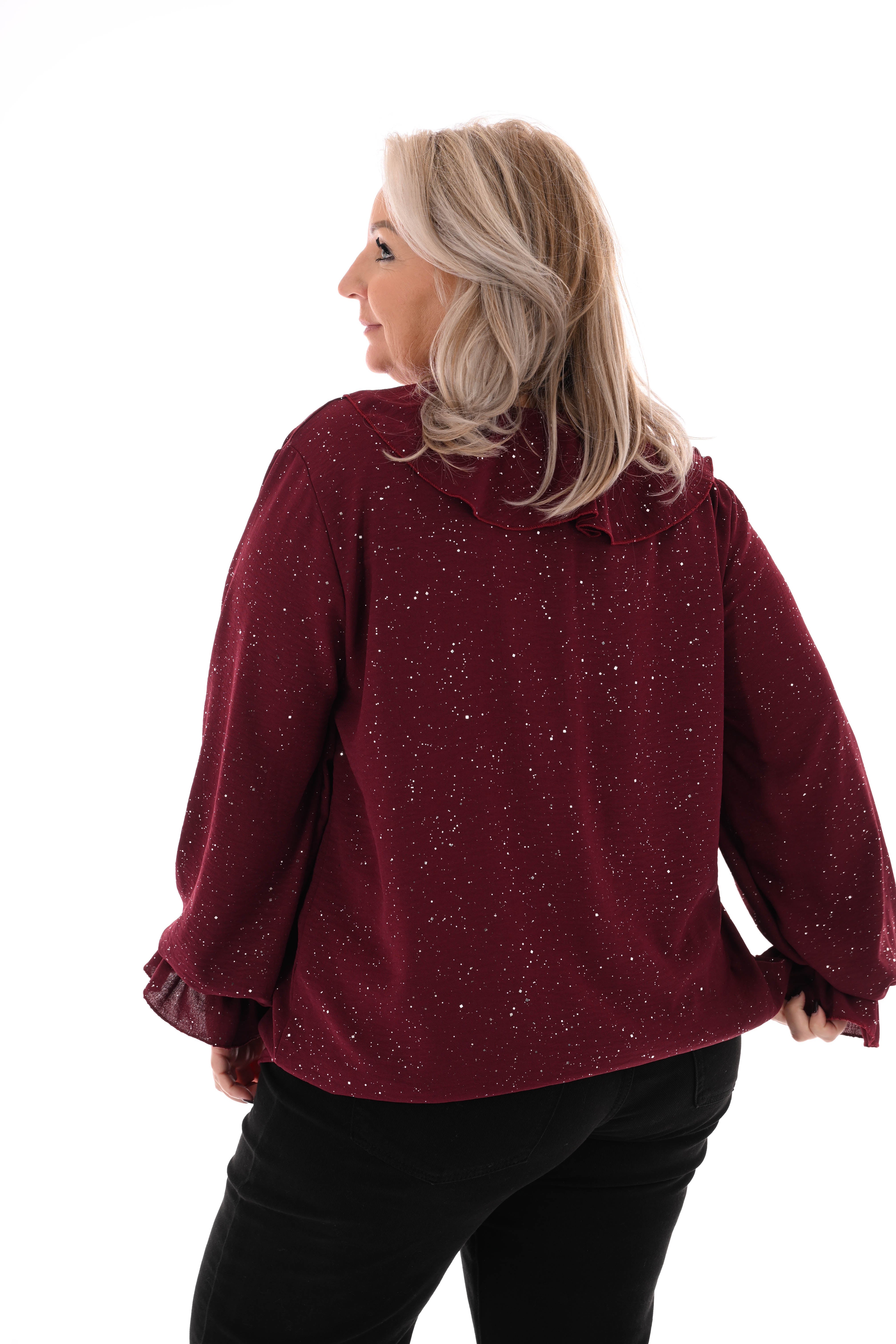 Blouse v-hals roezels glitter bordeaux