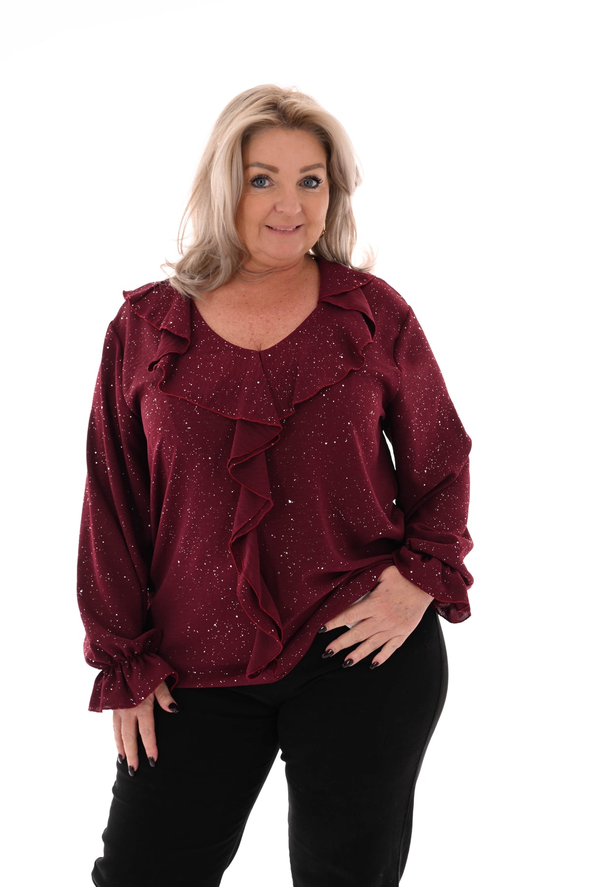 Blouse v-hals roezels glitter bordeaux