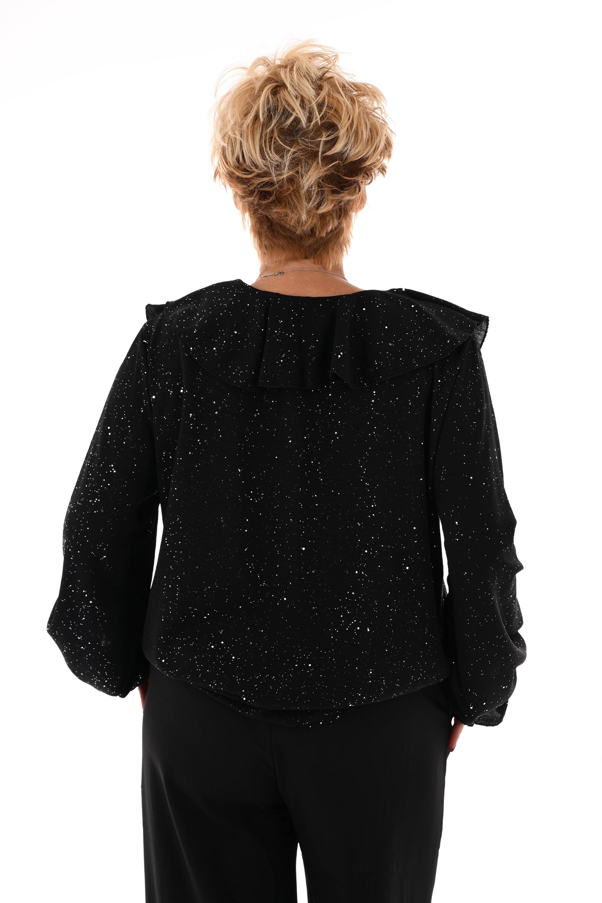 Blouse v-hals roezels glitter zwart