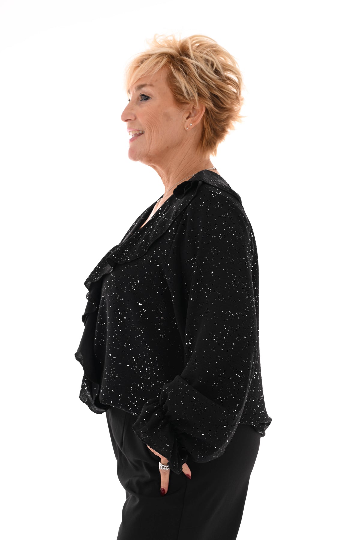 Blouse v-hals roezels glitter zwart