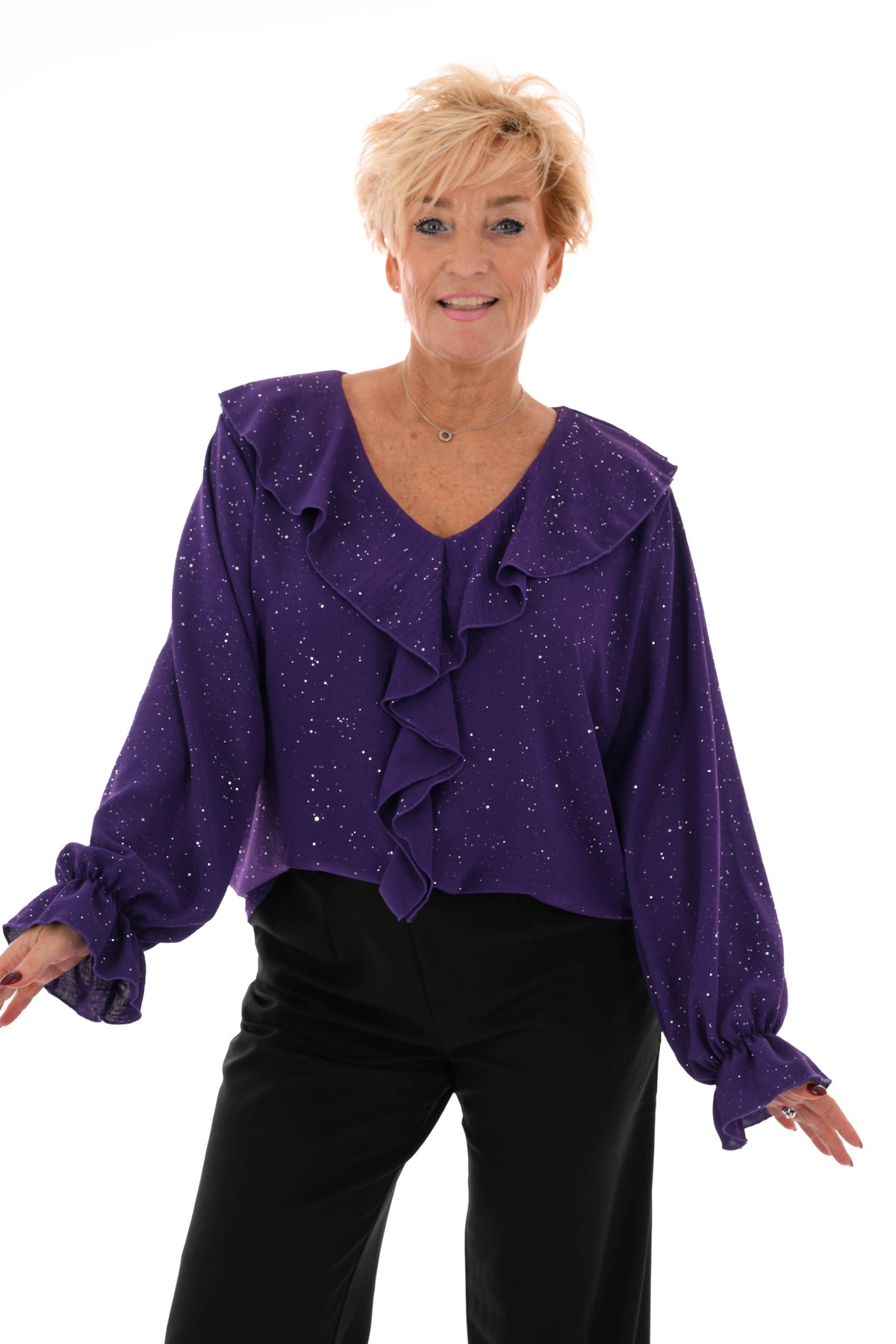 Blouse v-hals roezels glitter paars