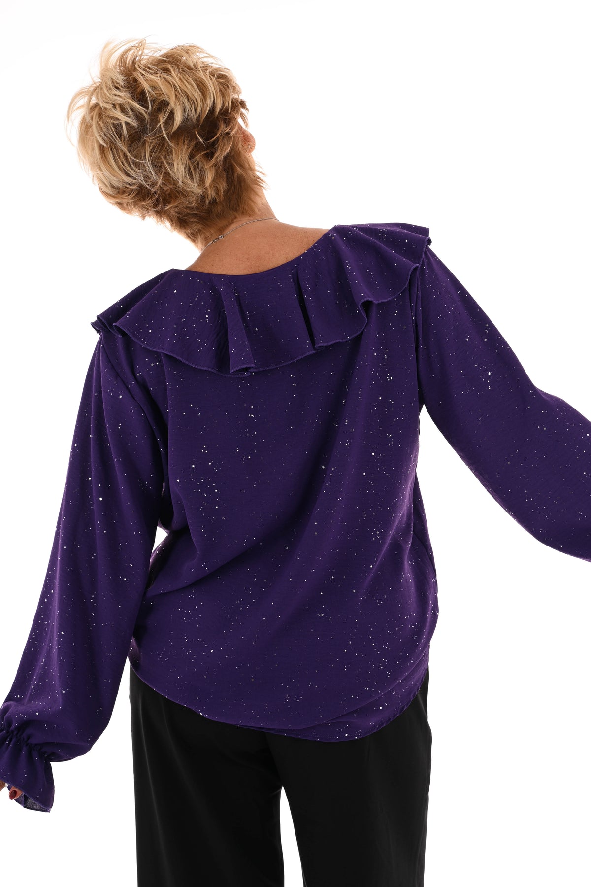 Blouse v-hals roezels glitter paars