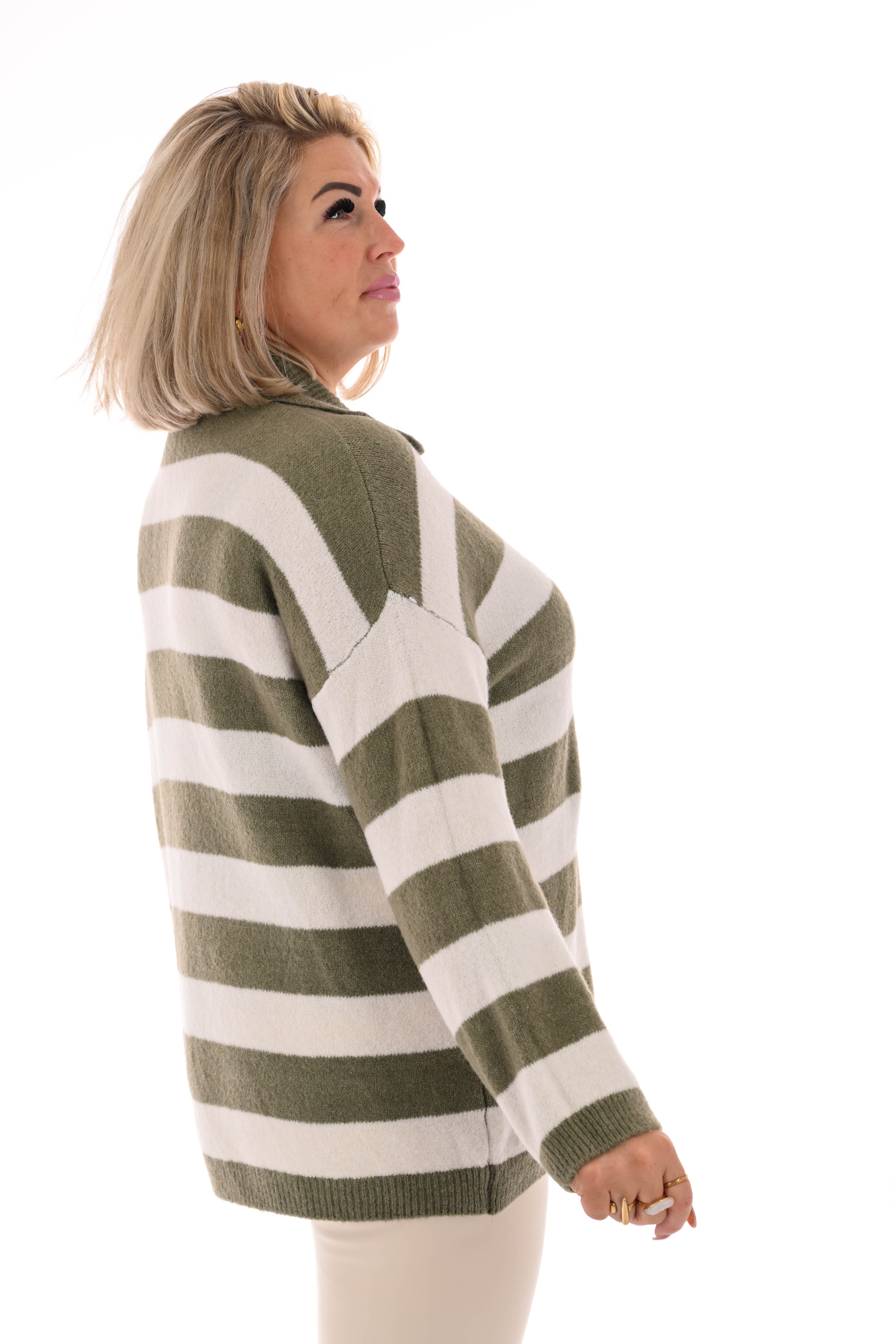 Fijn gebreide trui met kraag strepen olijfgroen/roomwit