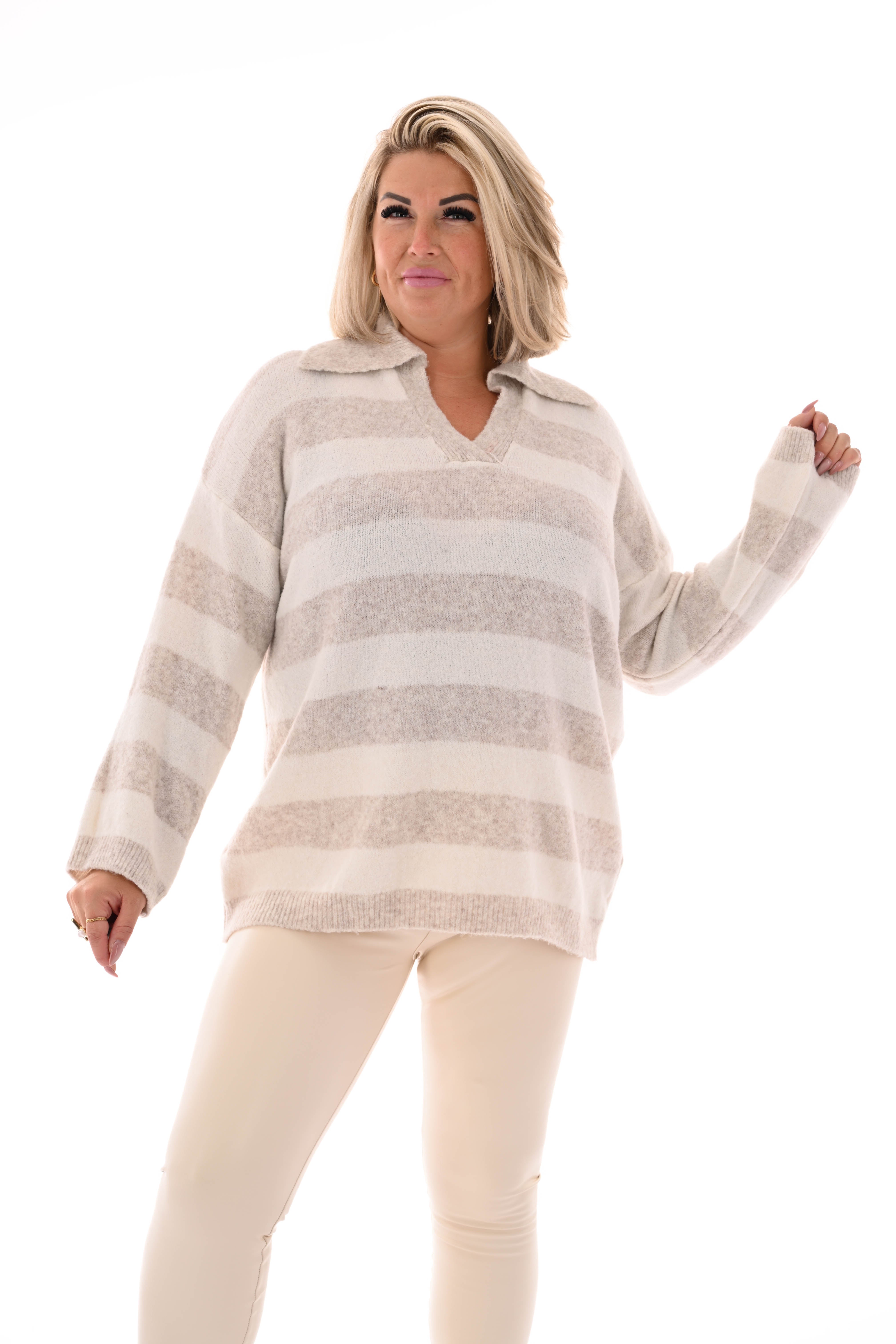 Fijn gebreide trui met kraag strepen beige/roomwit