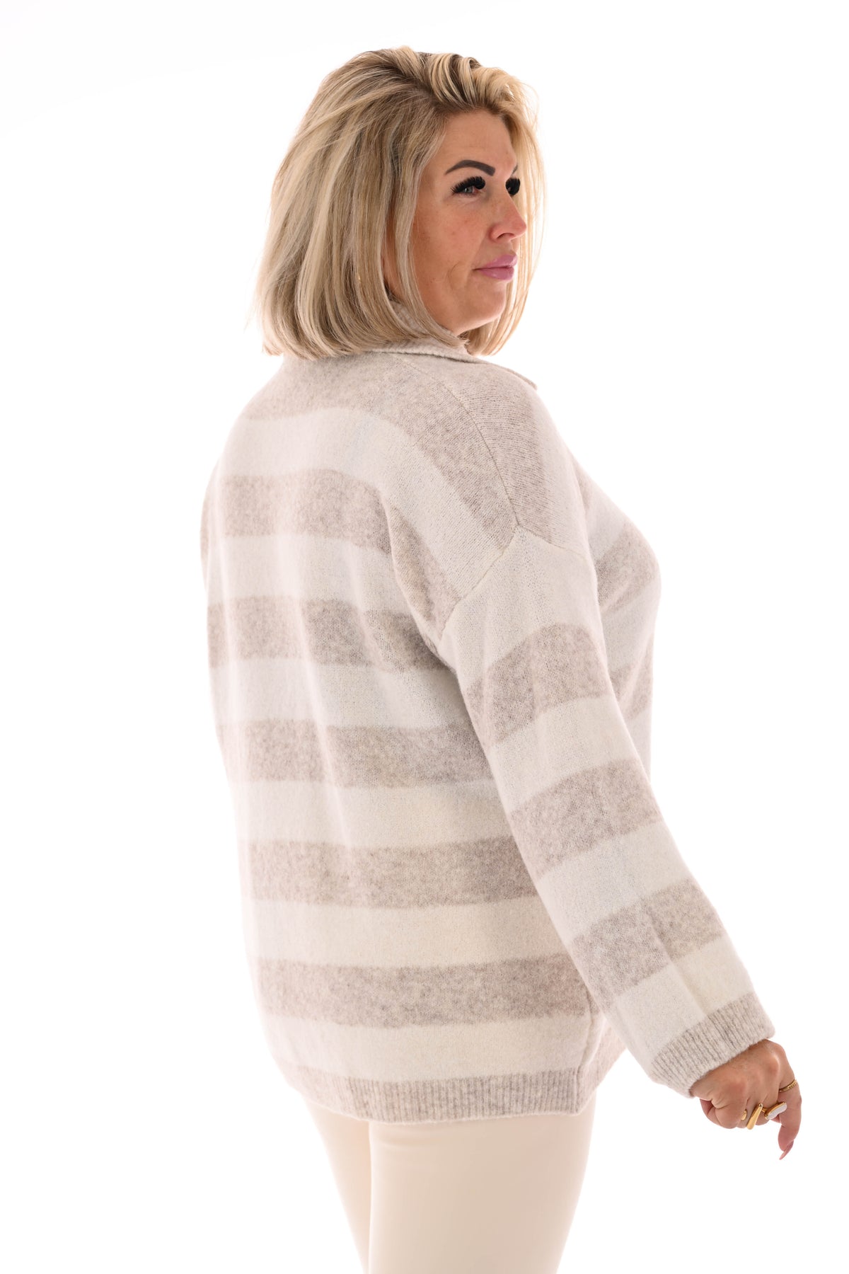 Fijn gebreide trui met kraag strepen beige/roomwit