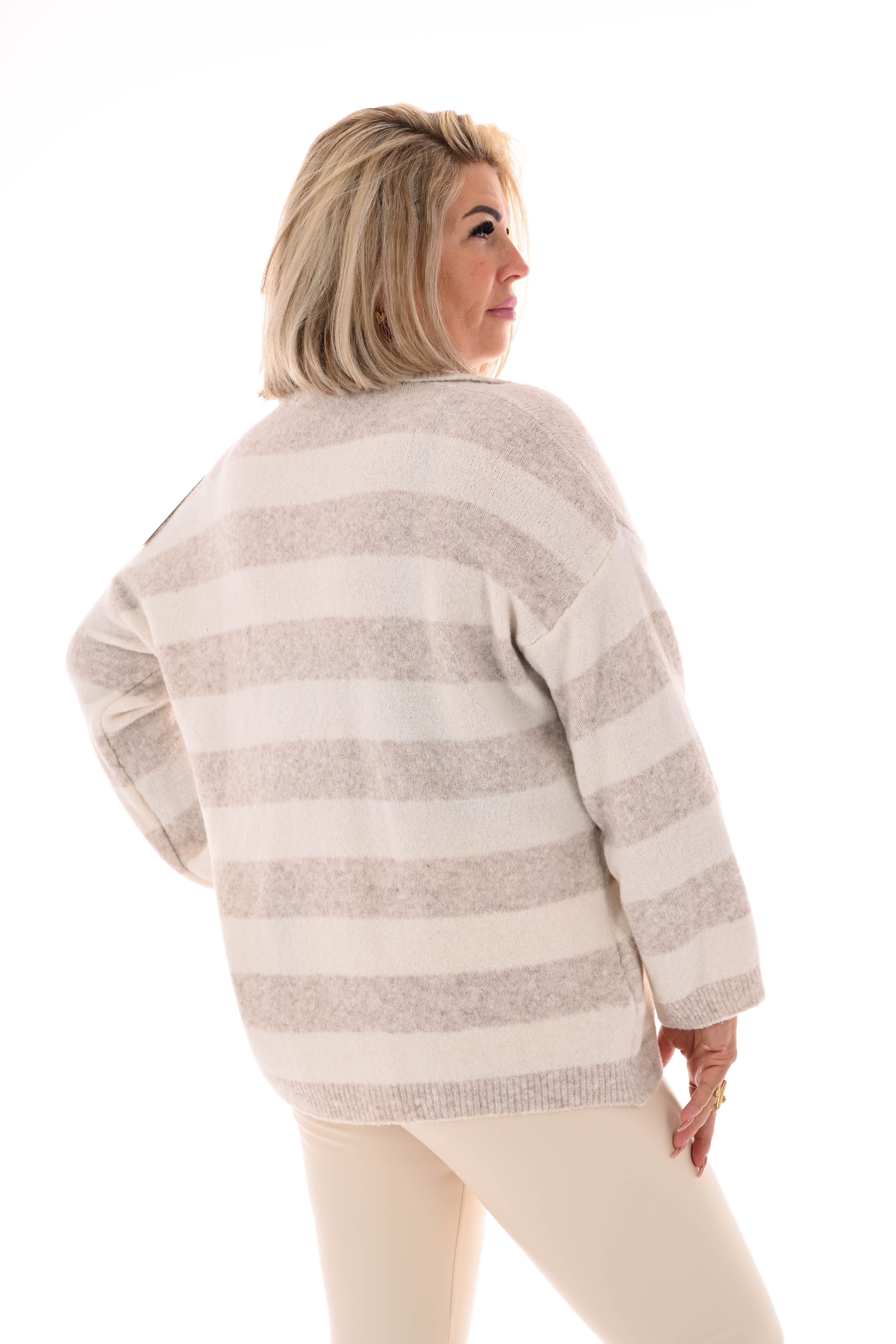 Fijn gebreide trui met kraag strepen beige/roomwit