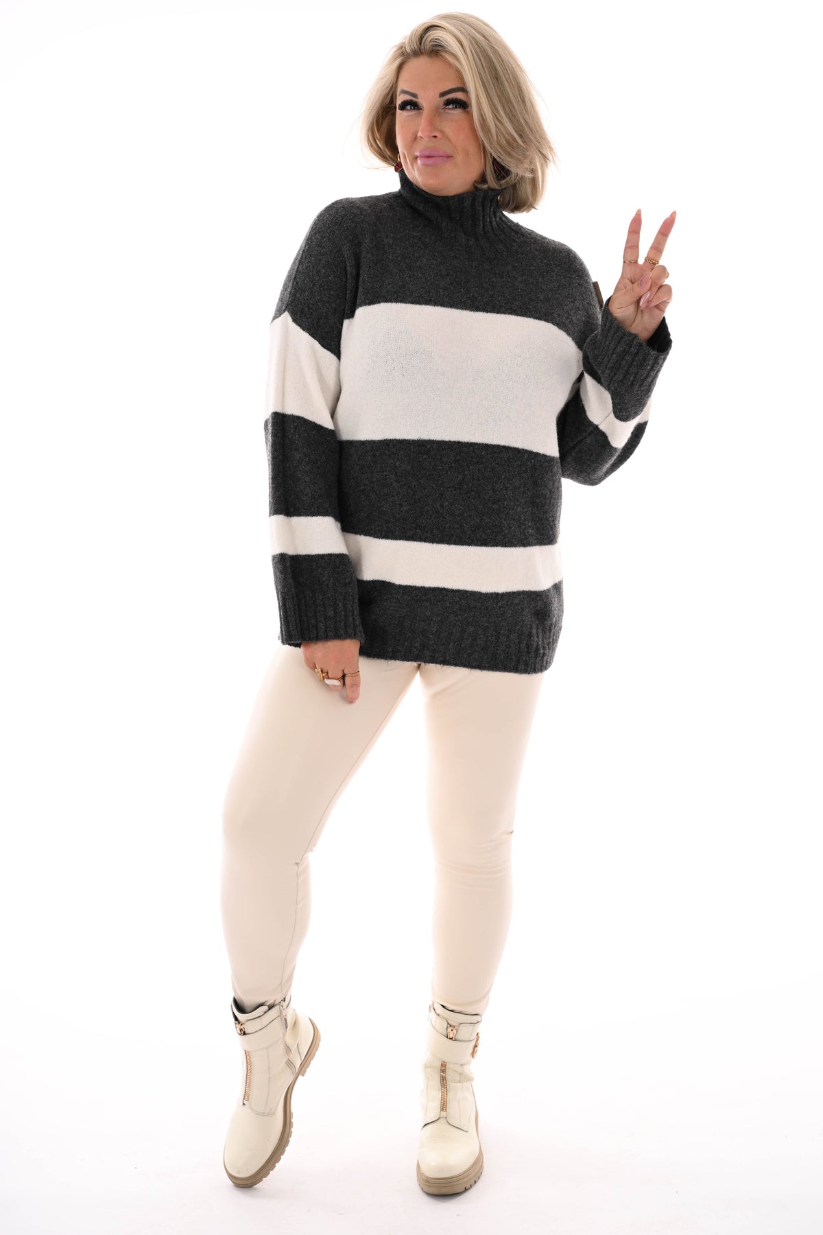 Oversized trui streep met col antraciet