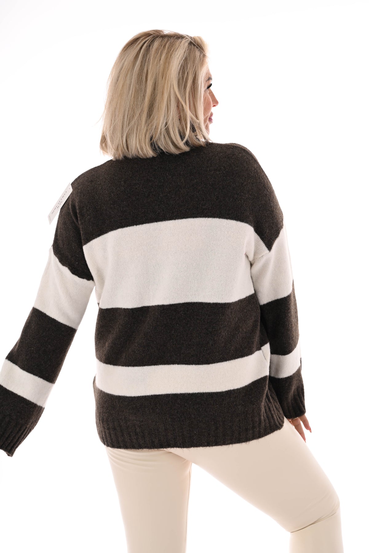 Oversized trui streep met col donkerbruin