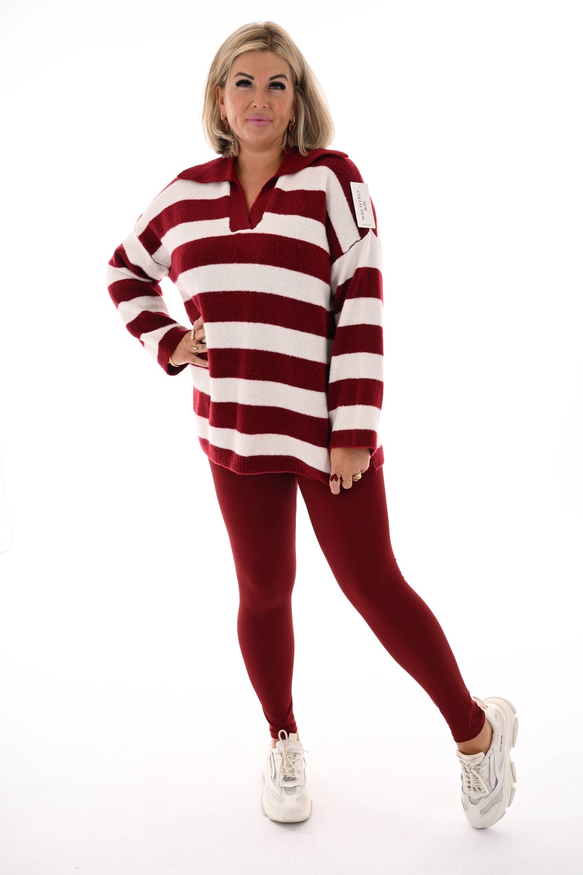 Fijn gebreide trui met kraag strepen bordeaux/roomwit