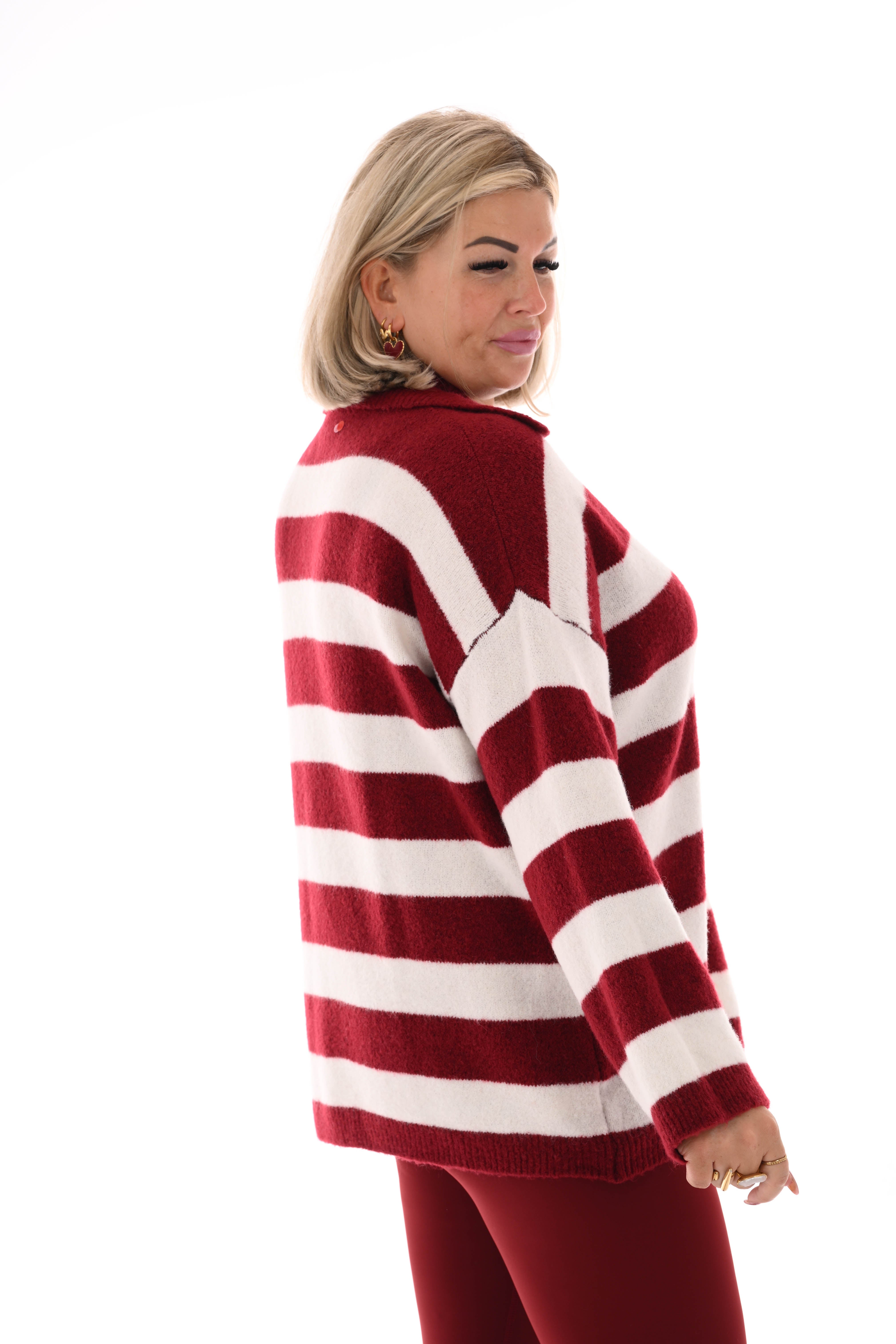Fijn gebreide trui met kraag strepen bordeaux/roomwit