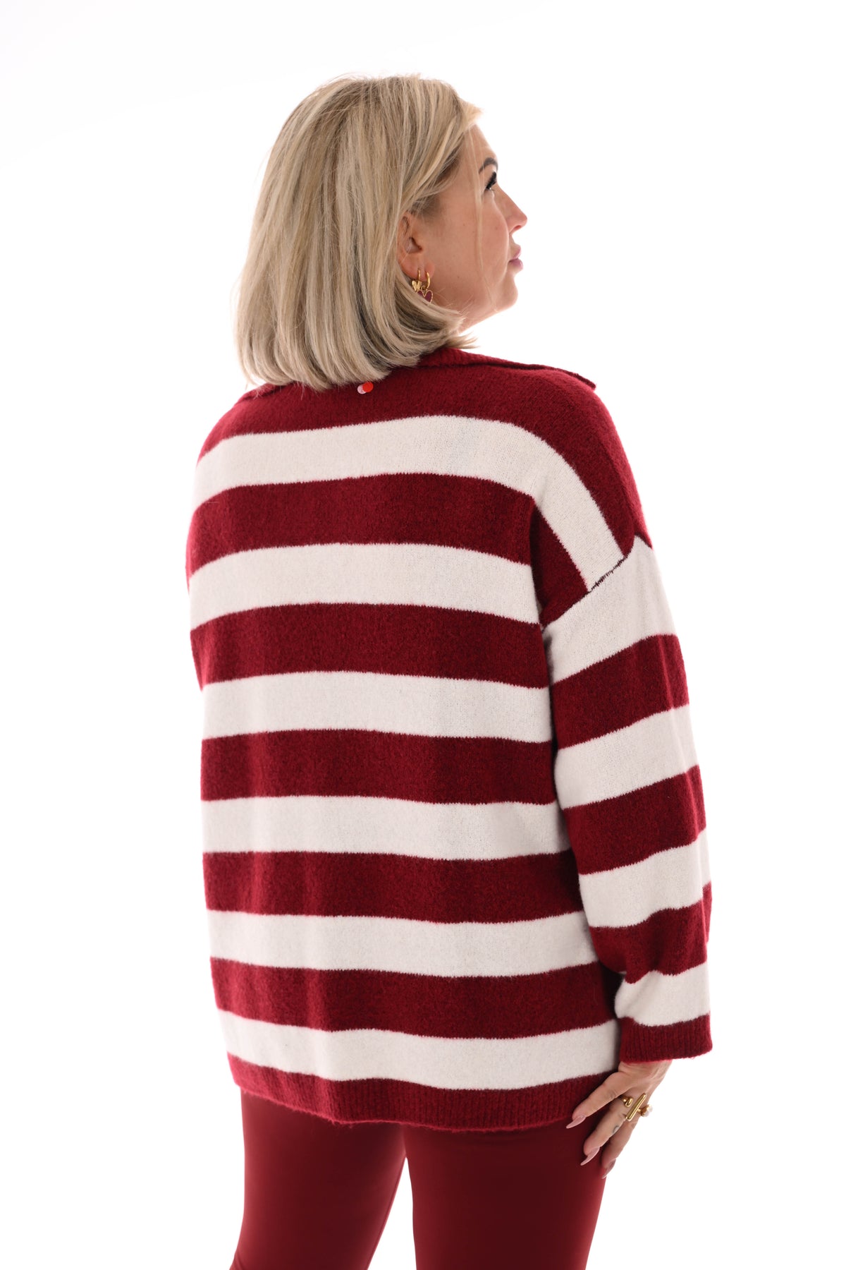 Fijn gebreide trui met kraag strepen bordeaux/roomwit