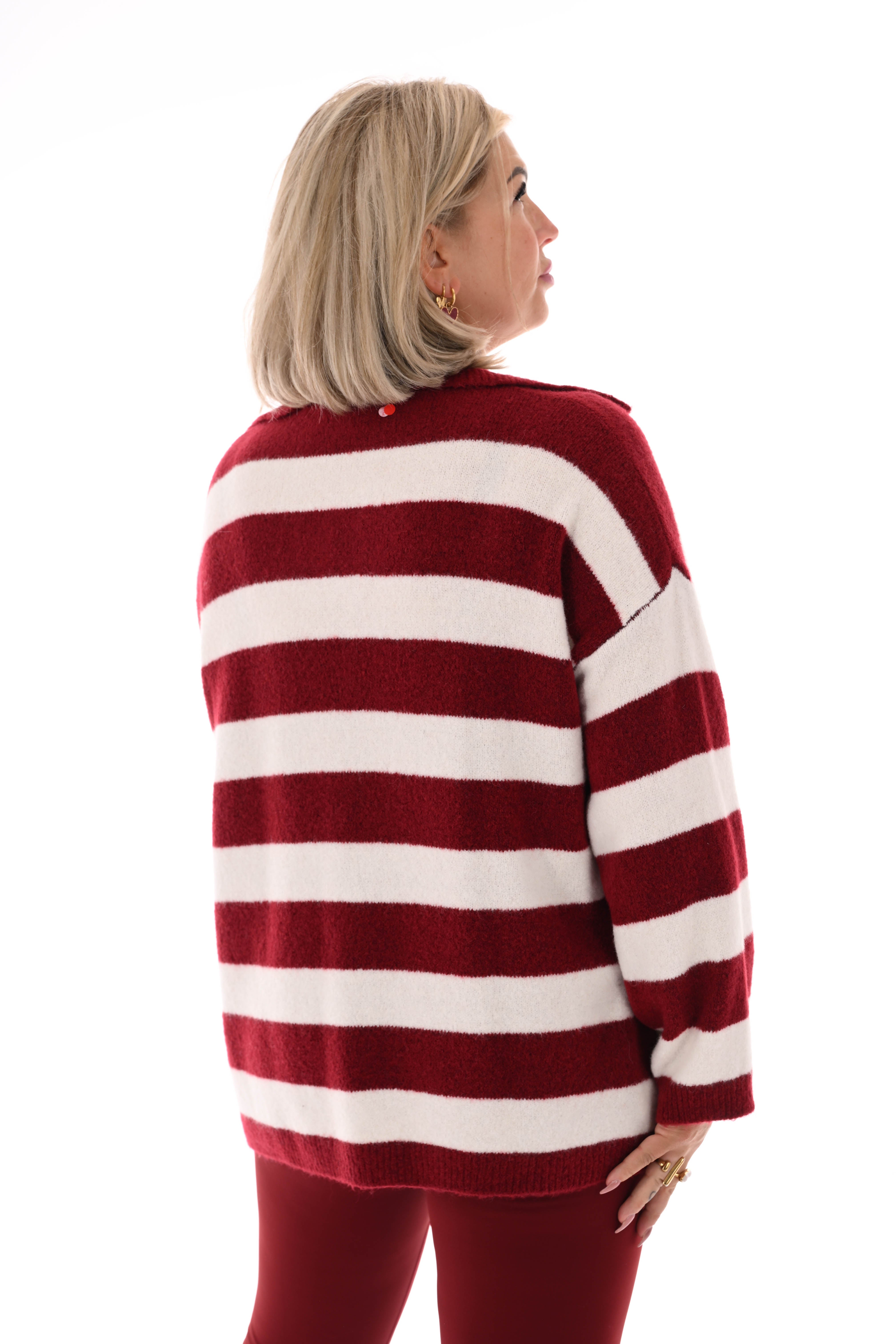 Fijn gebreide trui met kraag strepen bordeaux/roomwit
