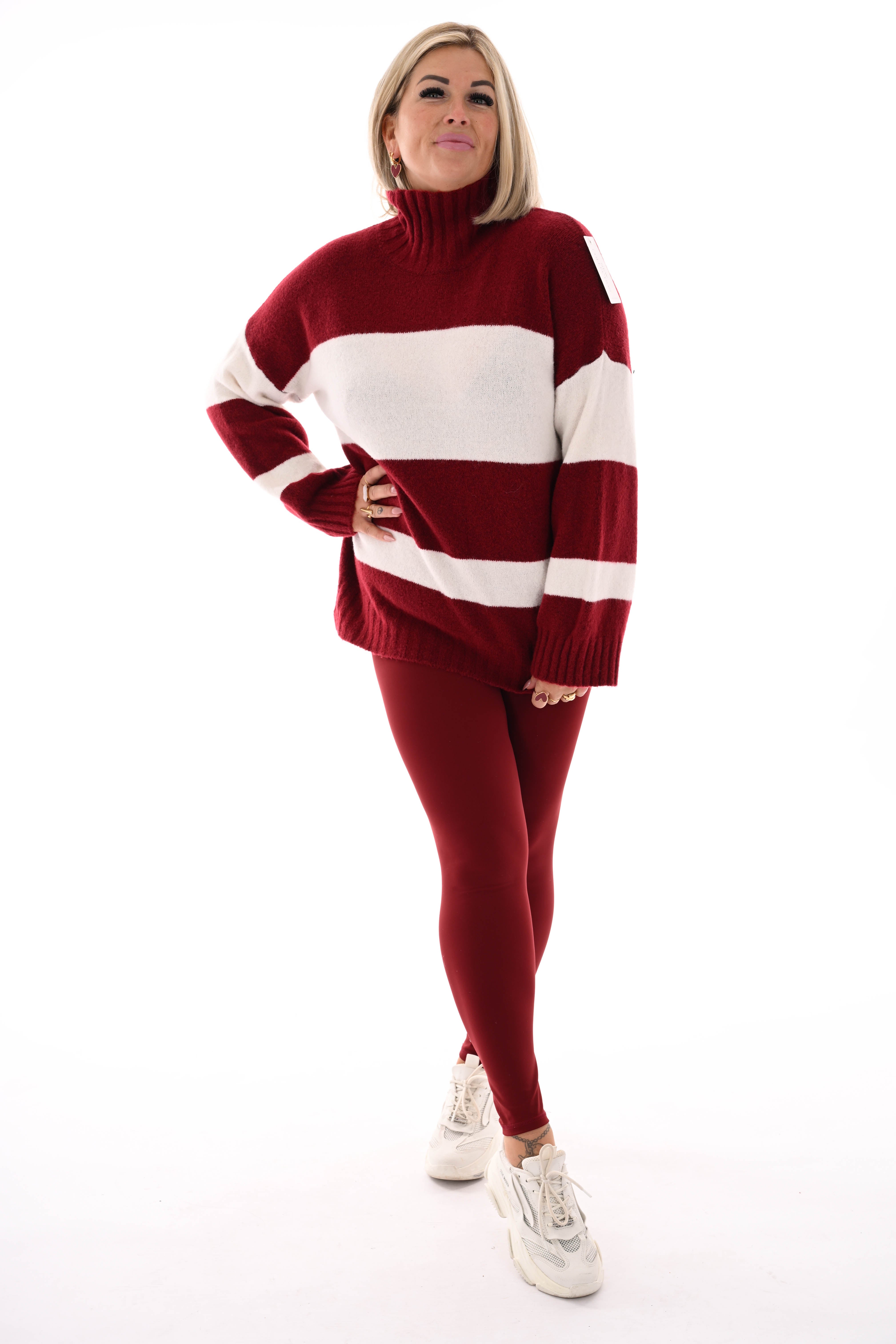 Oversized trui streep met col bordeaux