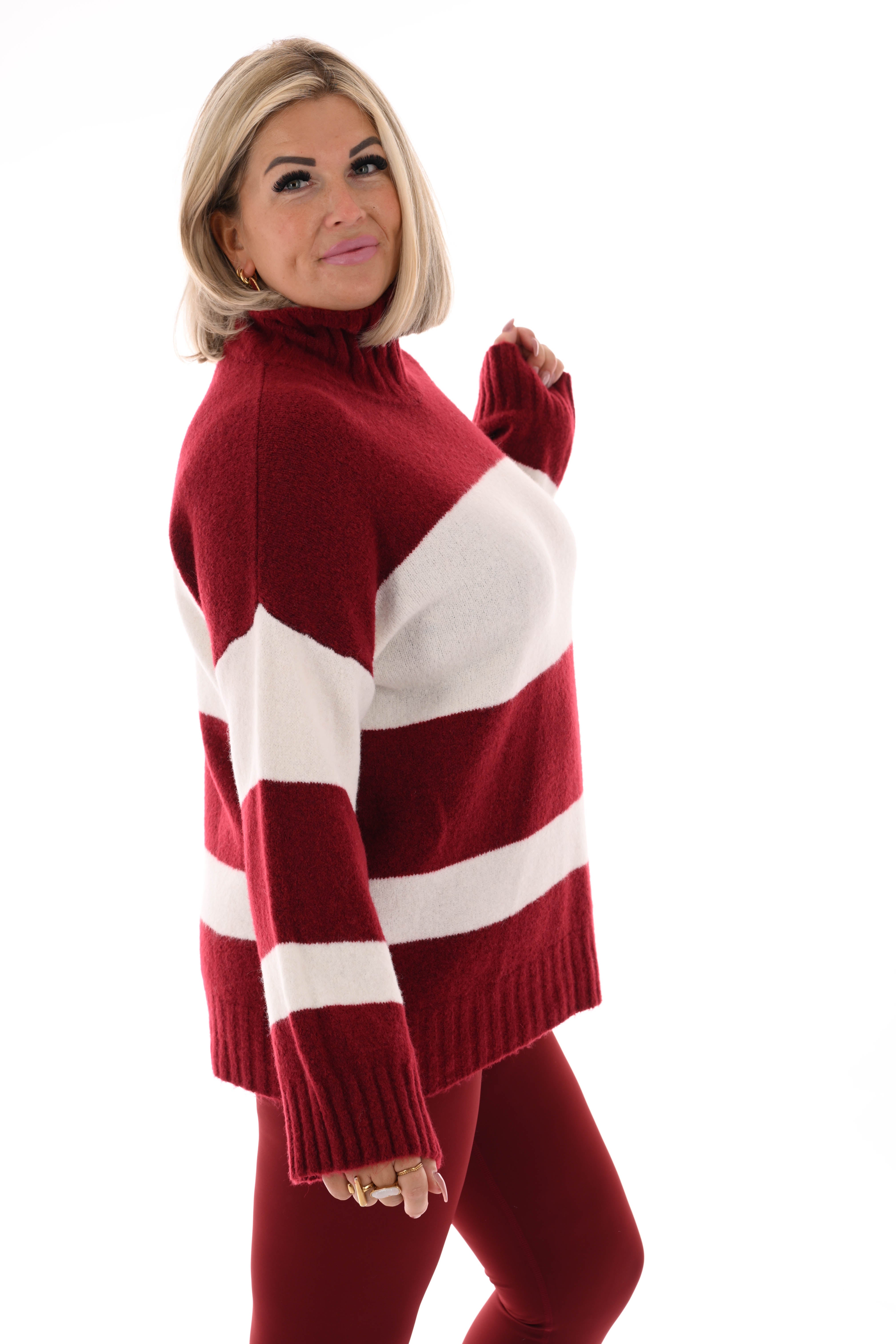 Oversized trui streep met col bordeaux