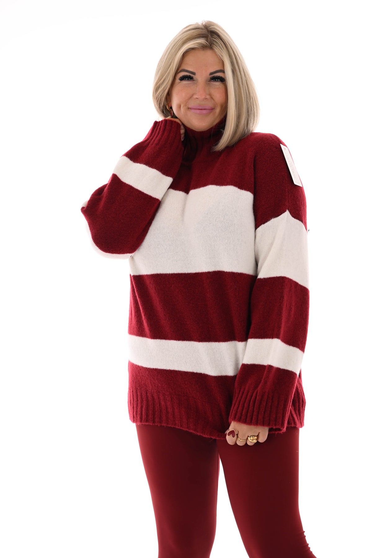 Oversized trui streep met col bordeaux