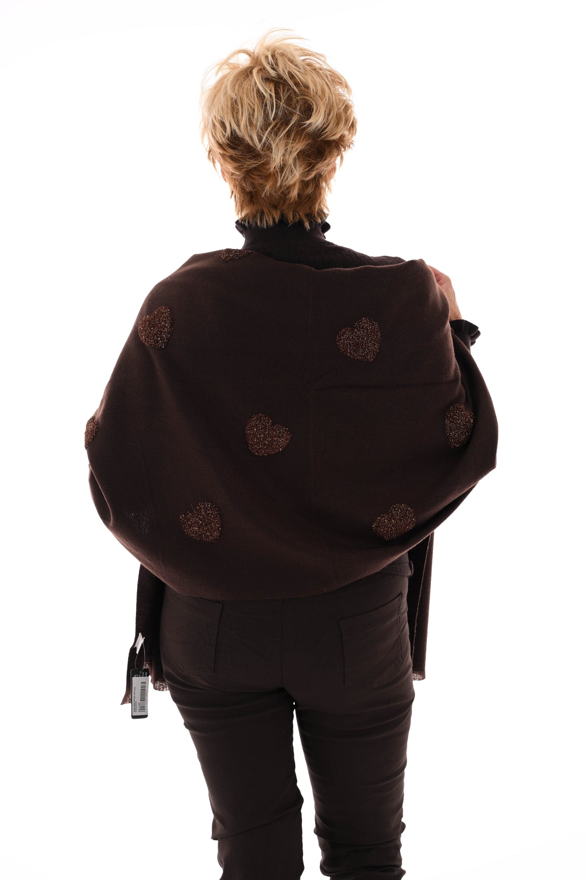 Sjaal teddy hartjes met lurex donkerbruin