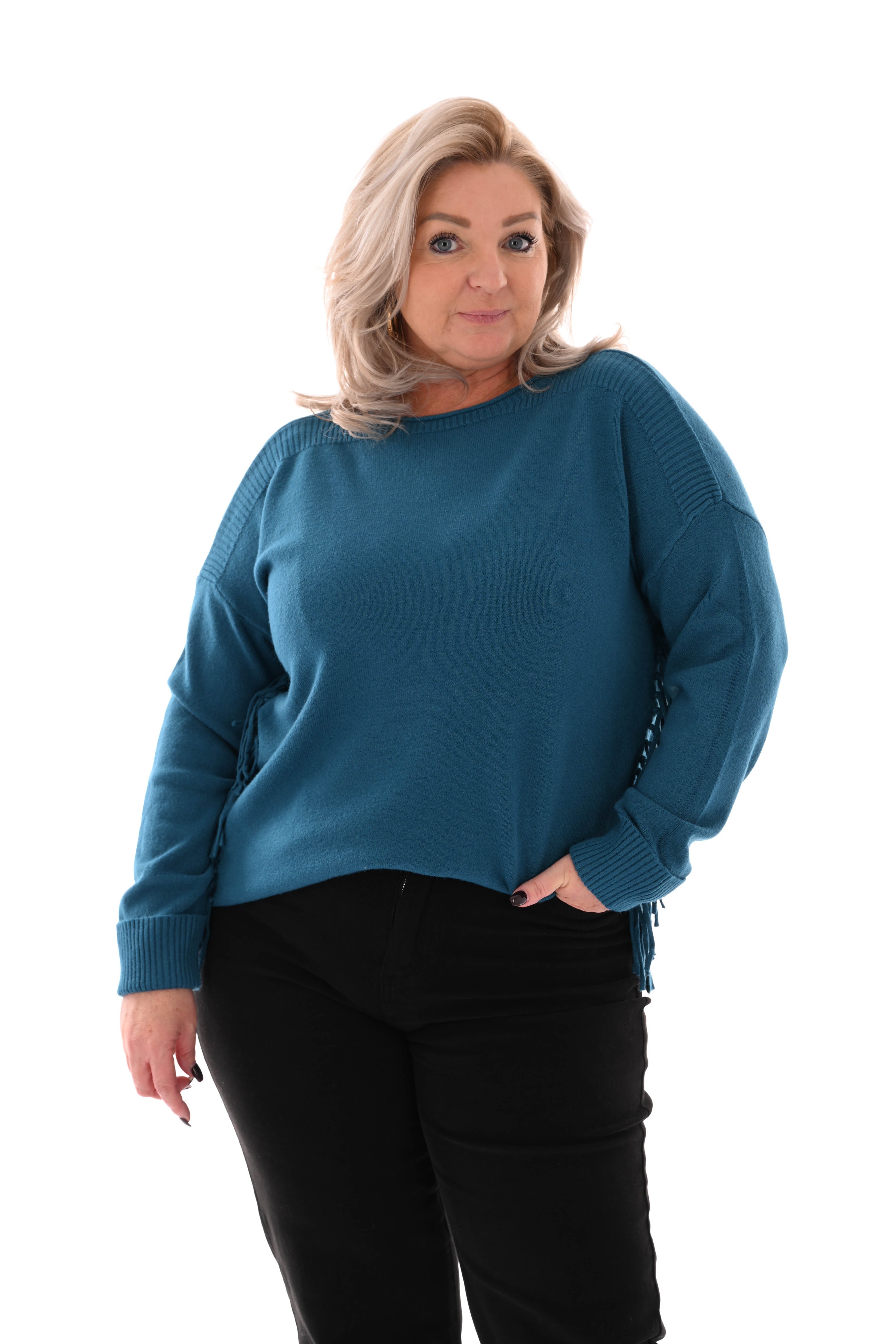 Trui zij franjes petrol