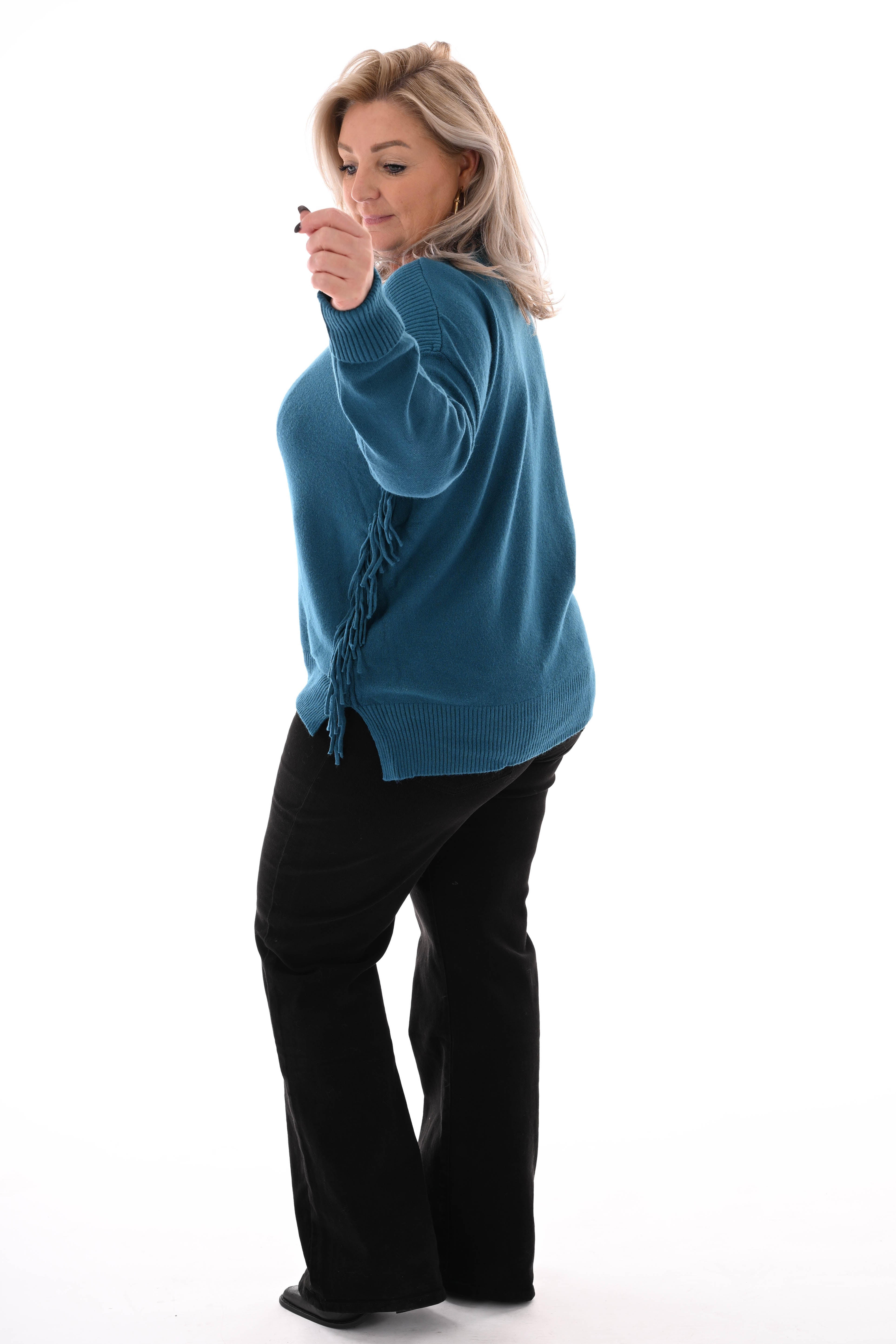 Trui zij franjes petrol