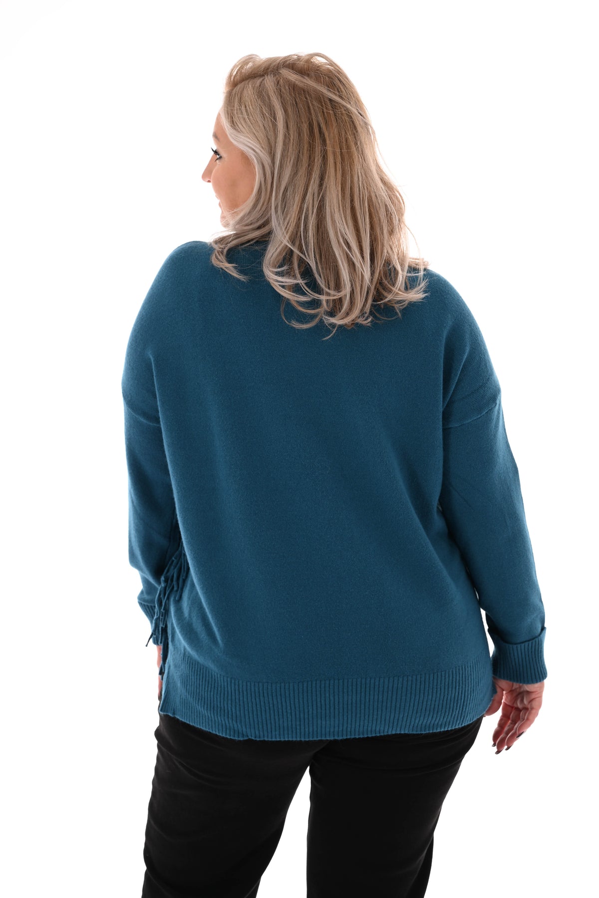 Trui zij franjes petrol