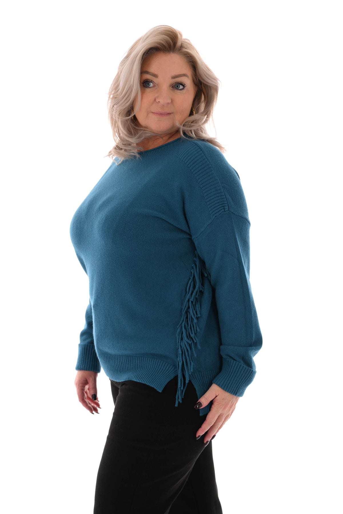 Trui zij franjes petrol