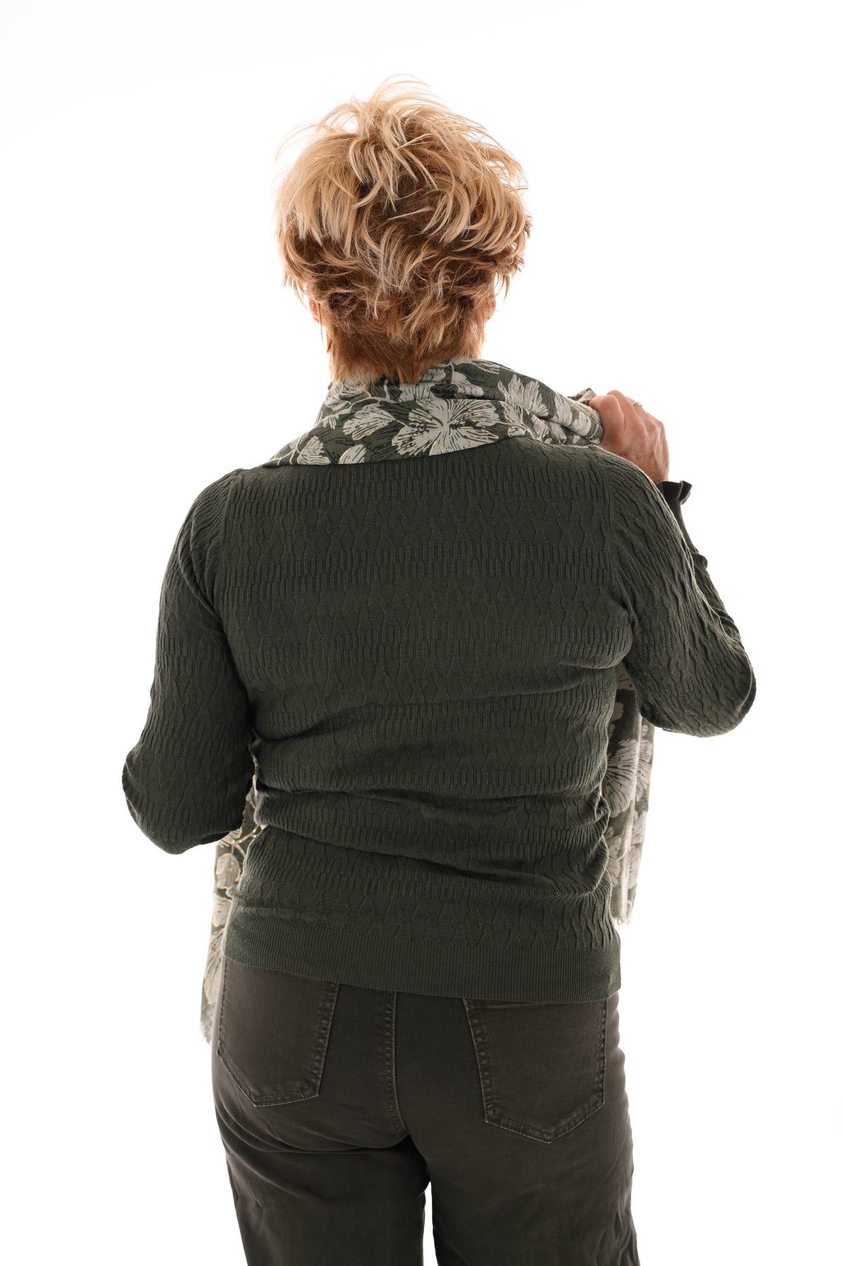 Top structuur met roezelkraag legergroen