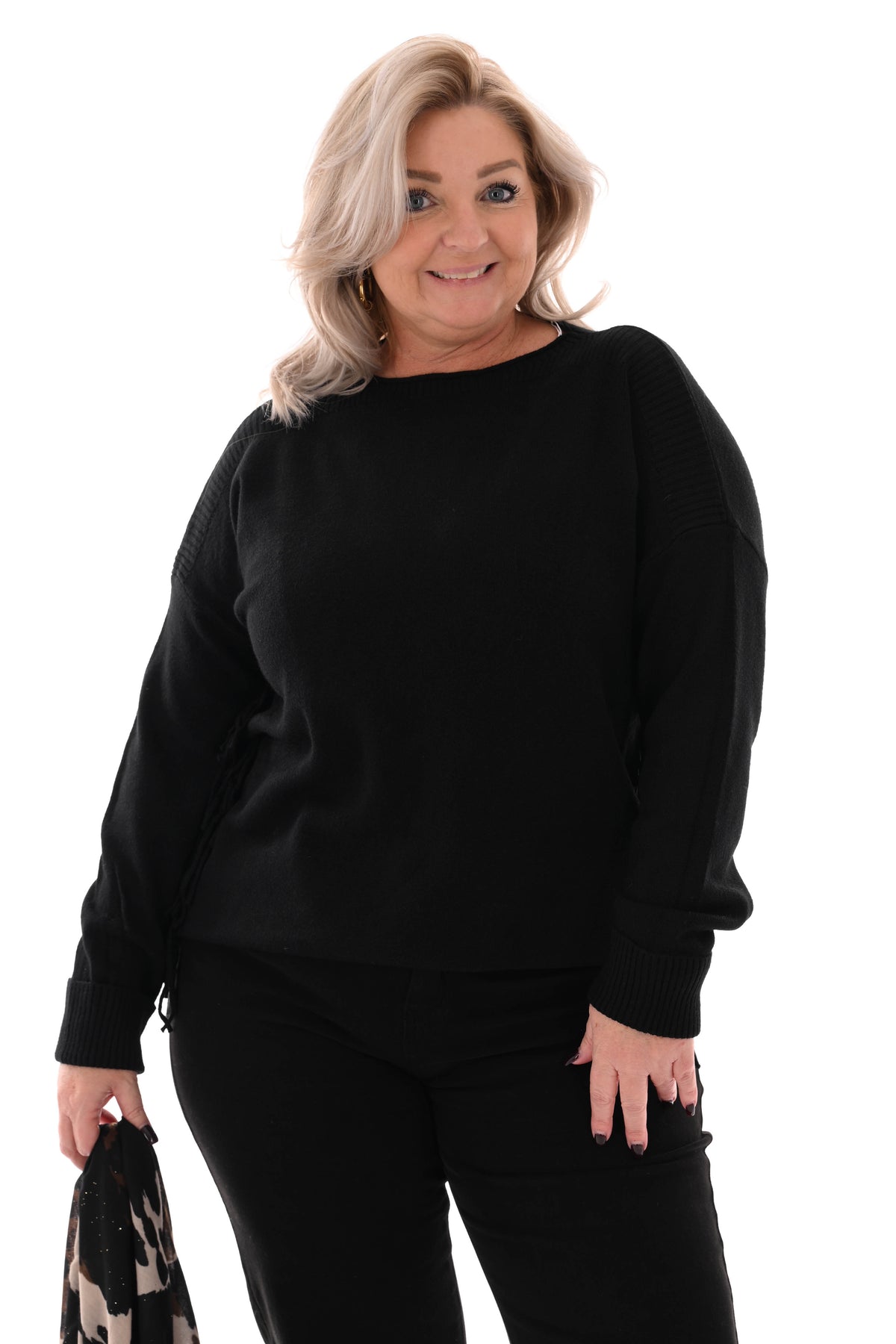 Trui zij franjes zwart