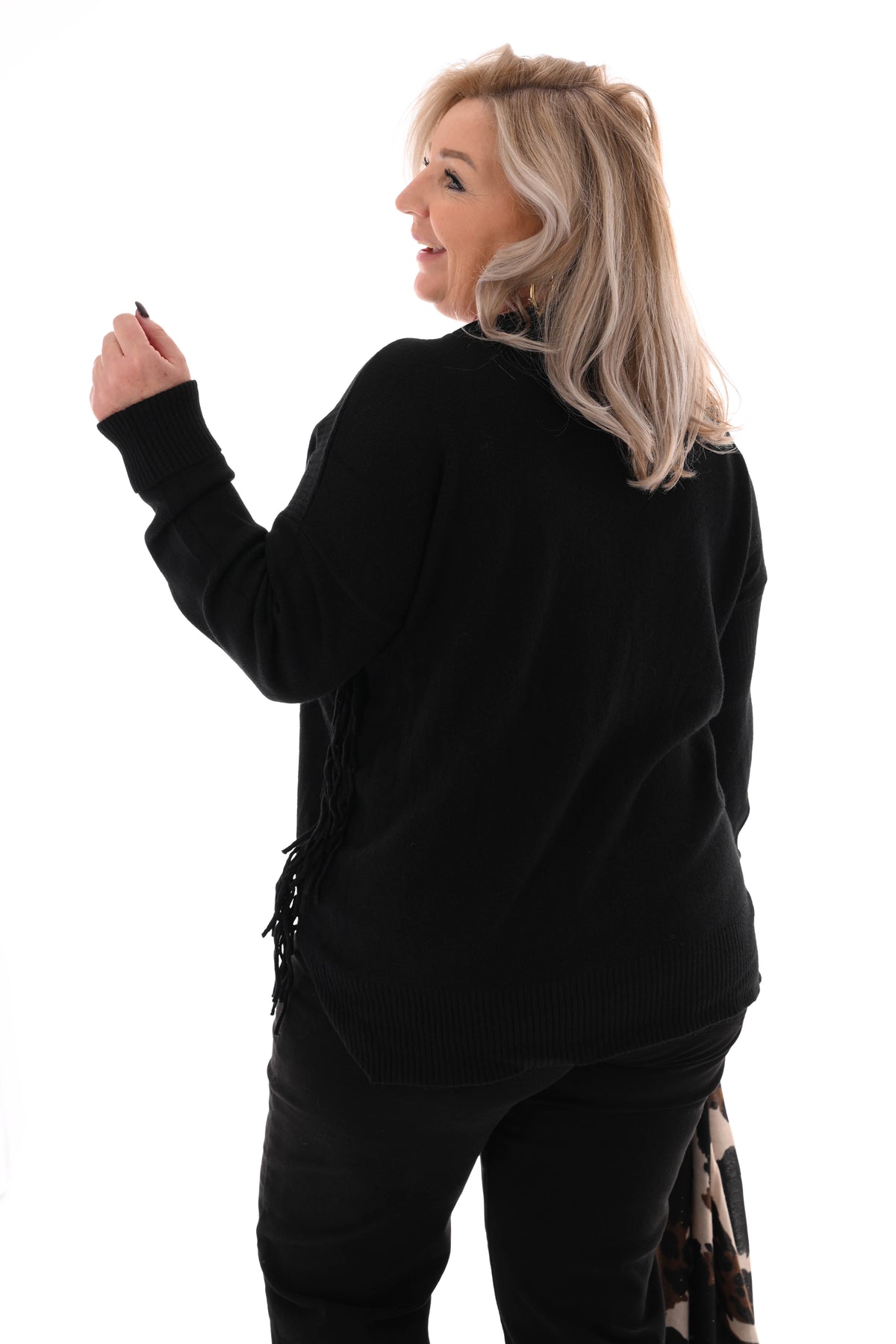 Trui zij franjes zwart