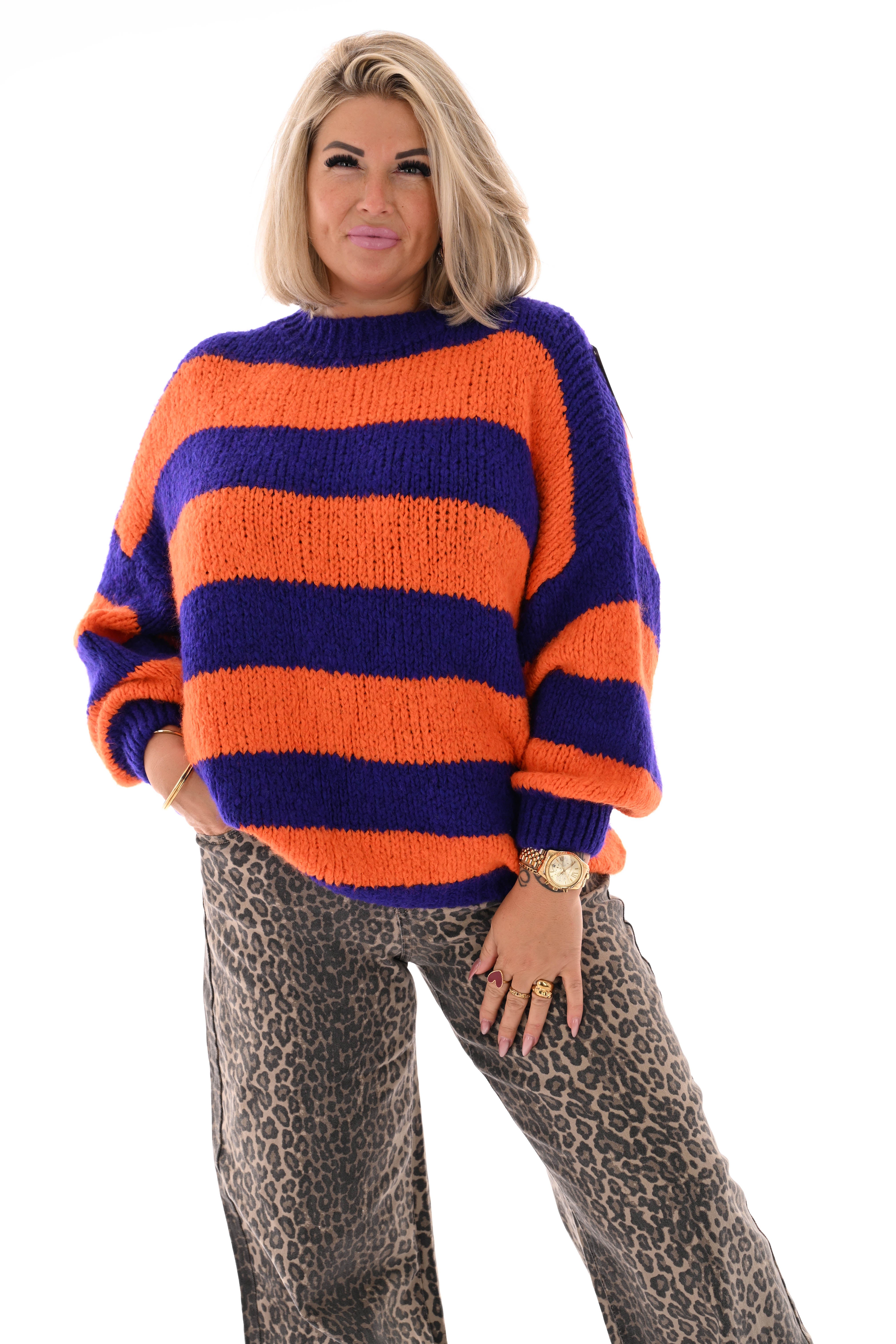 Grof gebreide trui strepen oranje/paars