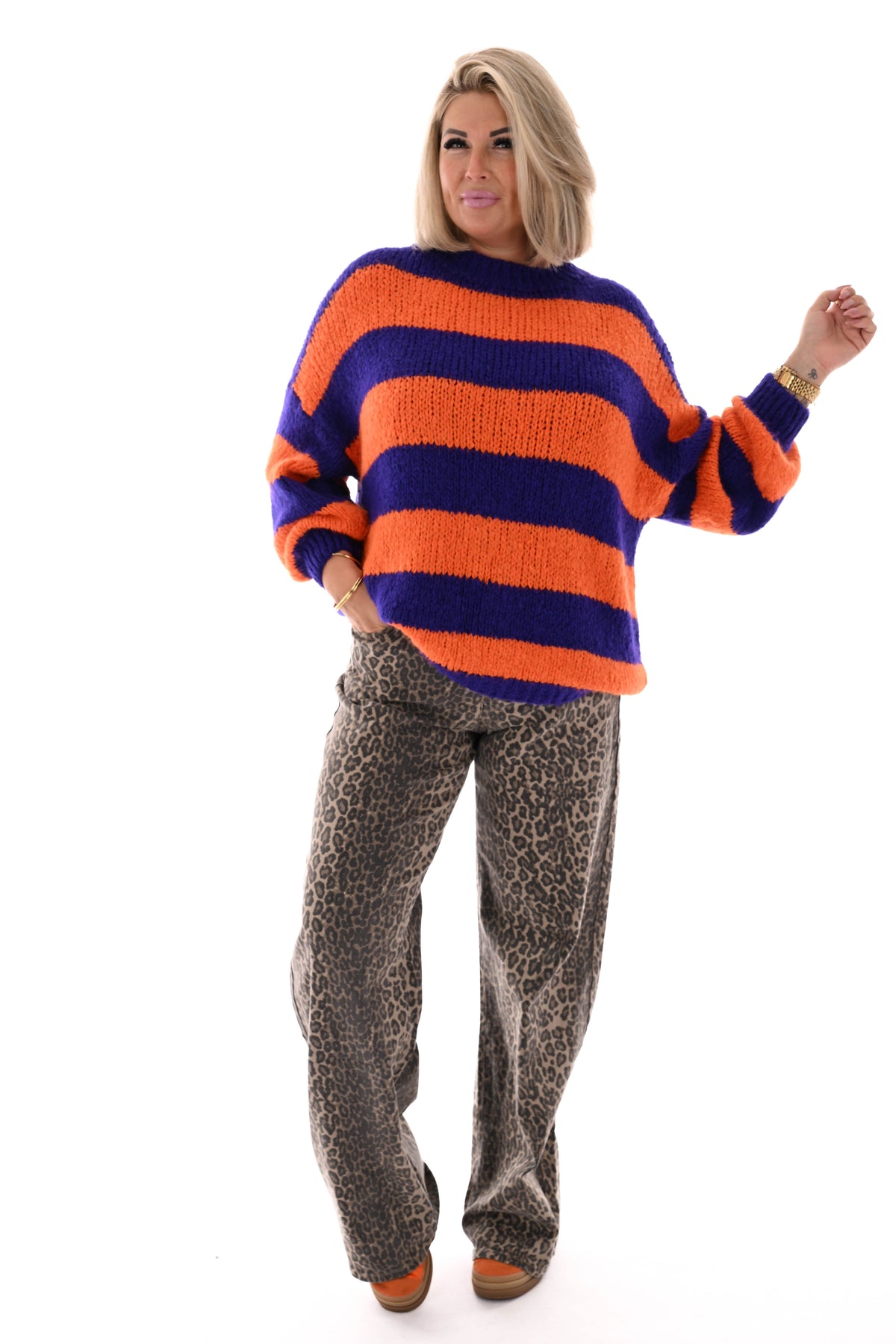 Grof gebreide trui strepen oranje/paars