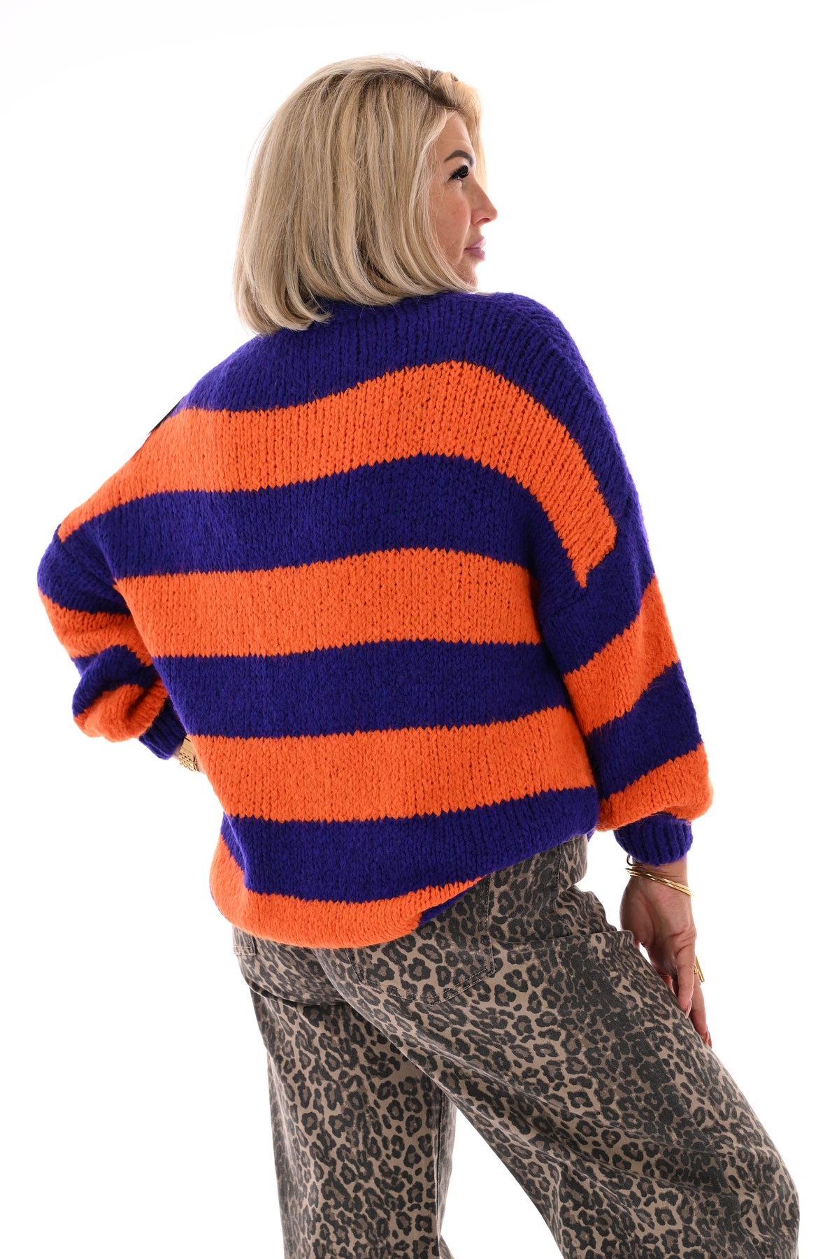 Grof gebreide trui strepen oranje/paars