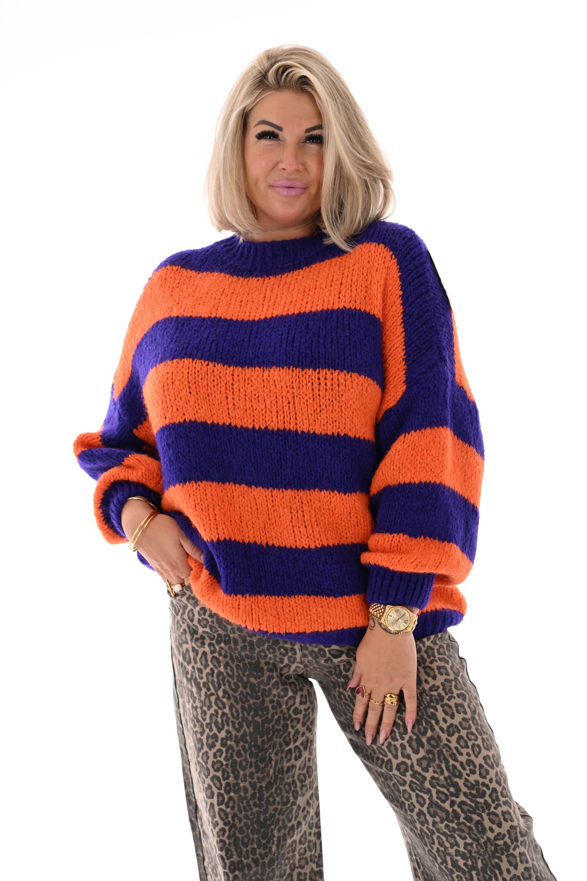 Grof gebreide trui strepen oranje/paars