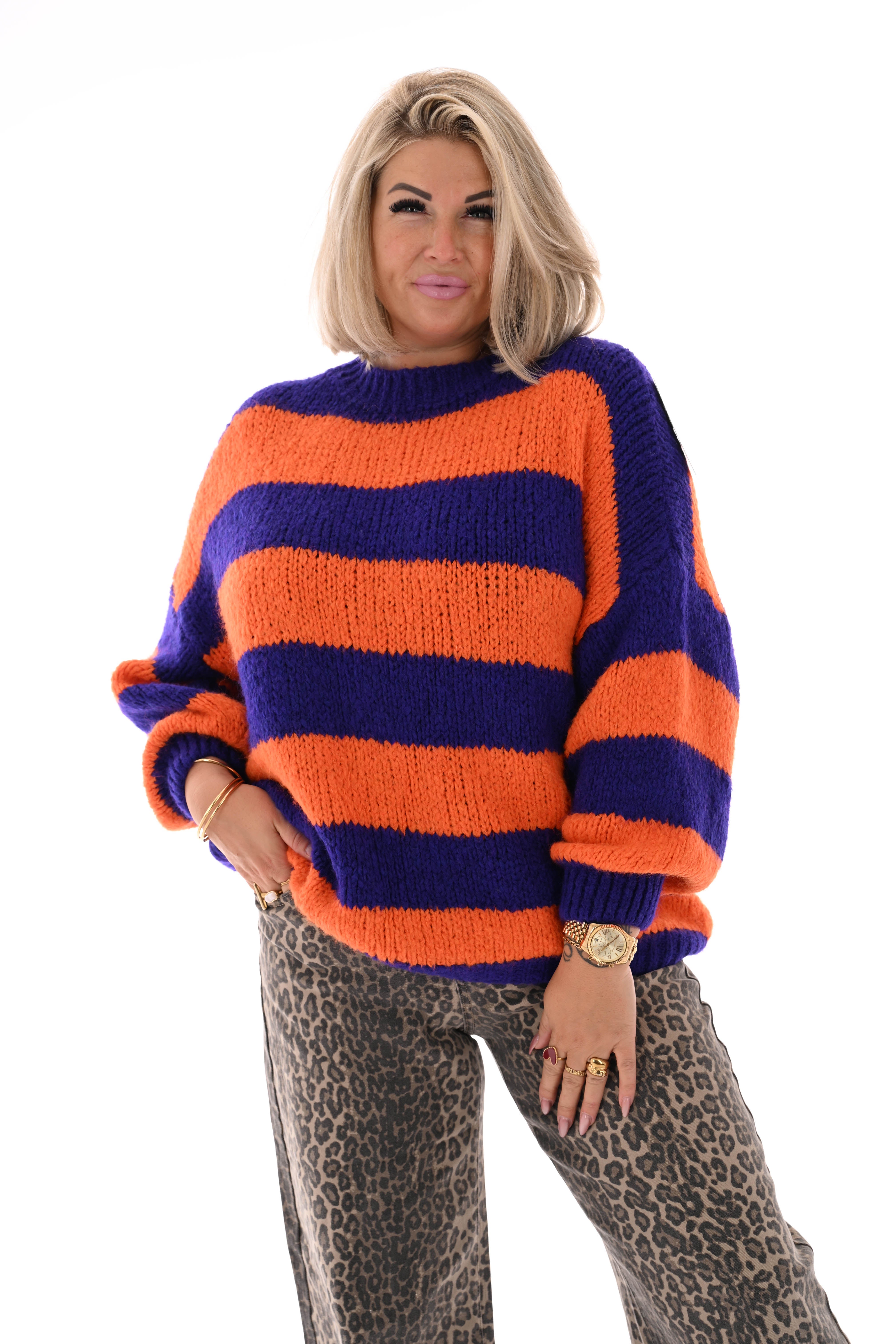 Grof gebreide trui strepen oranje/paars