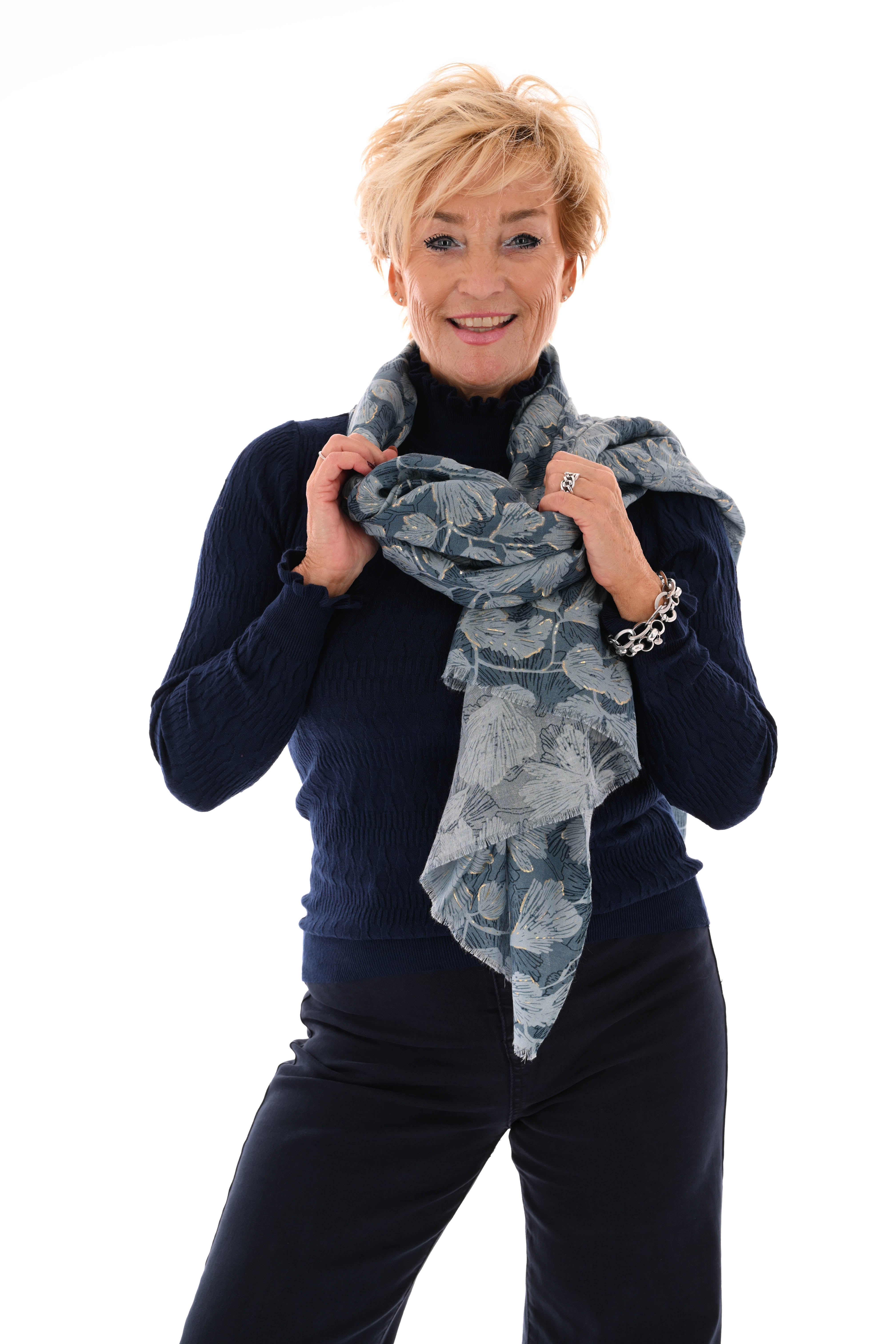 Top structuur met roezelkraag marineblauw