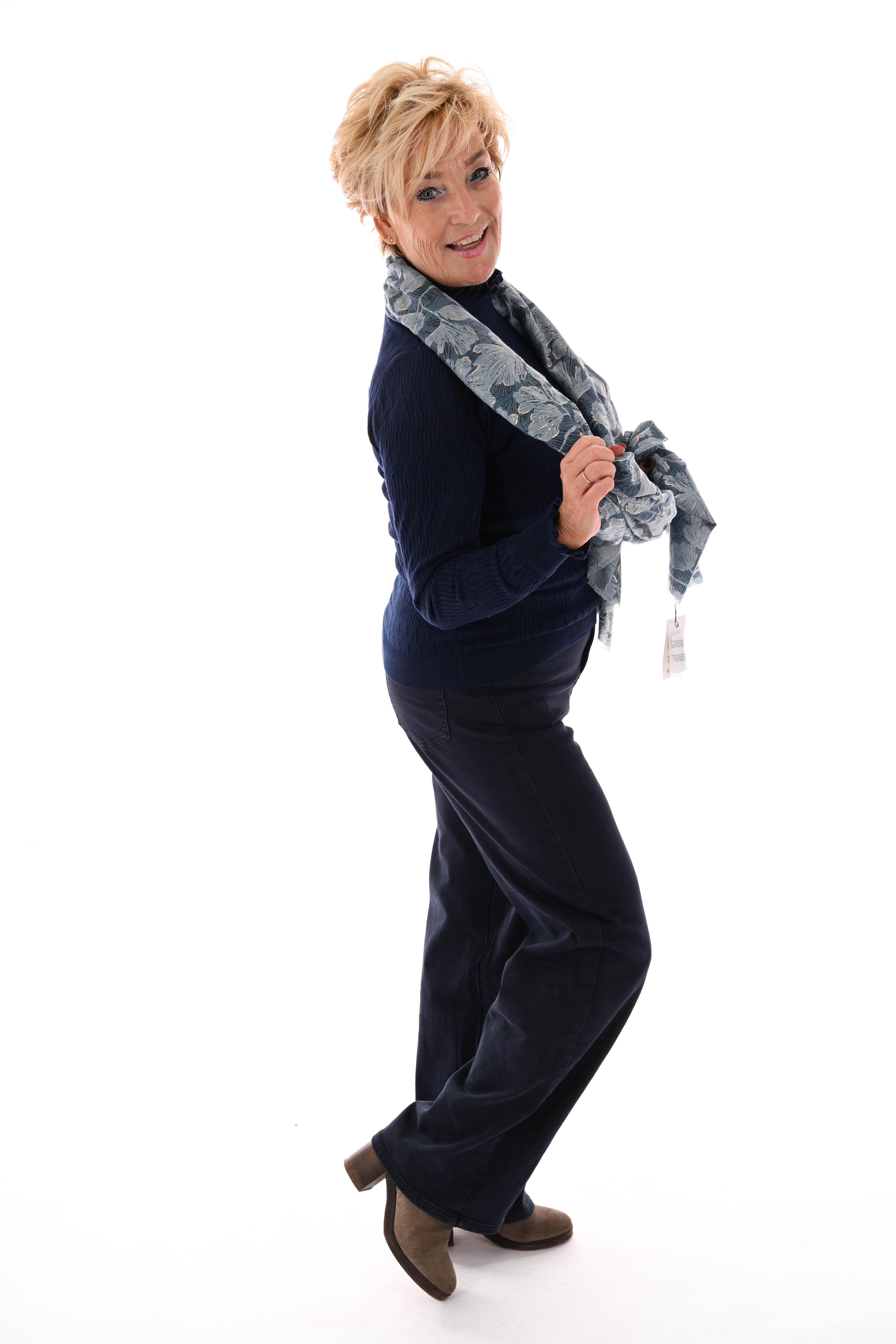 Top structuur met roezelkraag marineblauw