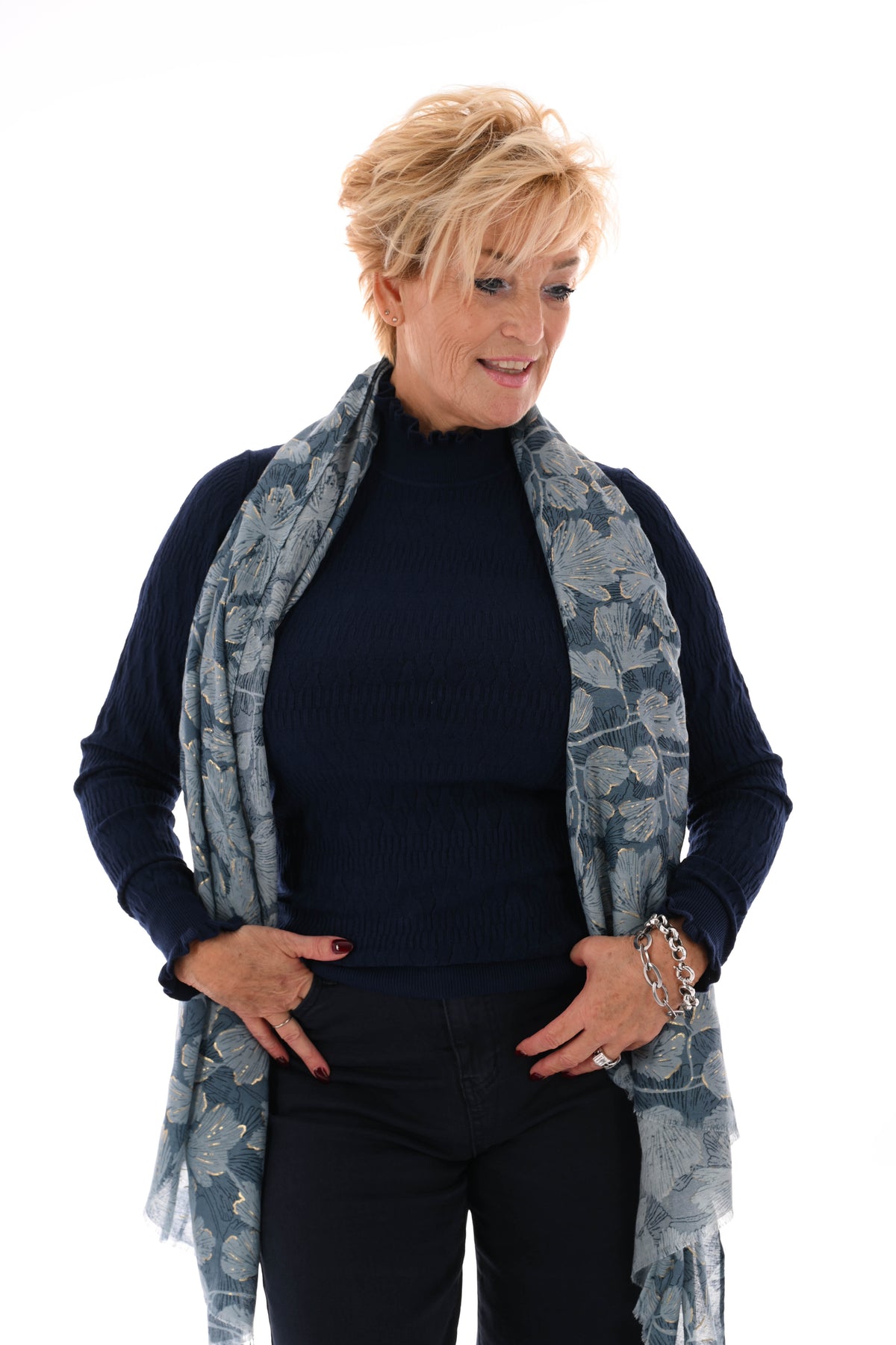 Top structuur met roezelkraag marineblauw