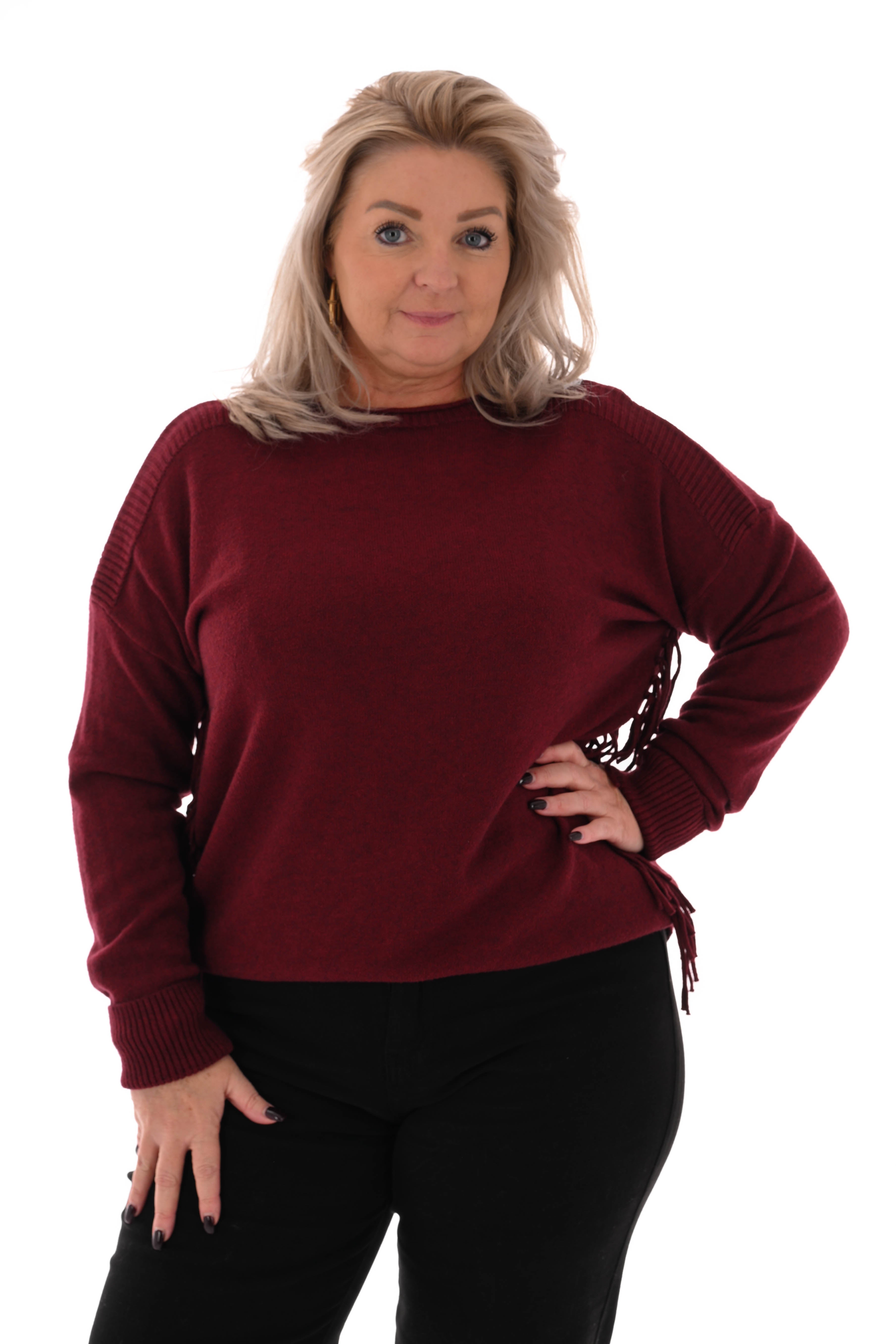 Trui zij franjes bordeaux