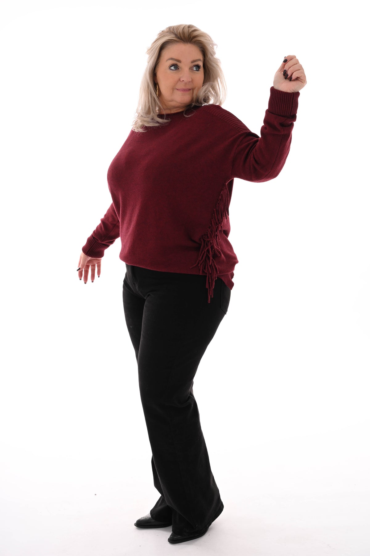 Trui zij franjes bordeaux