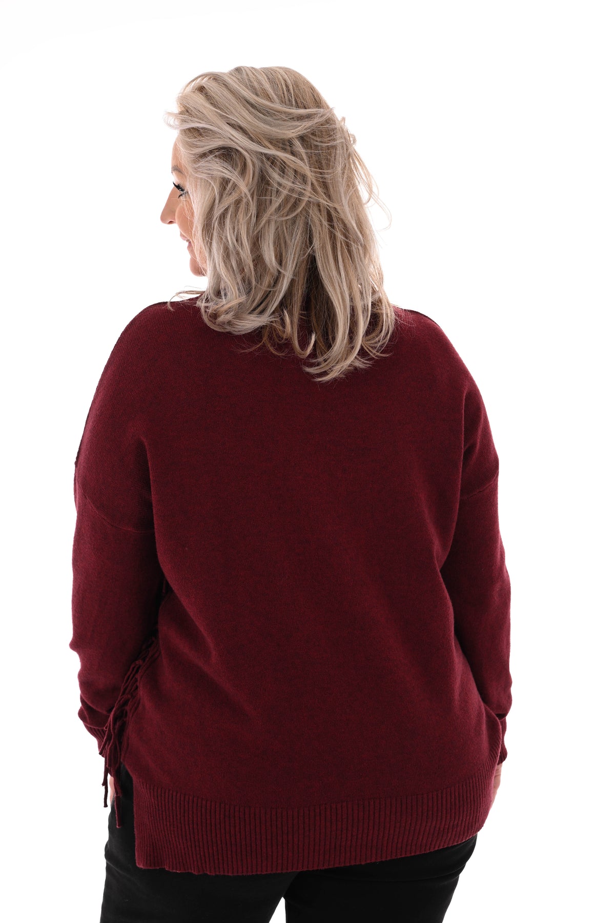 Trui zij franjes bordeaux