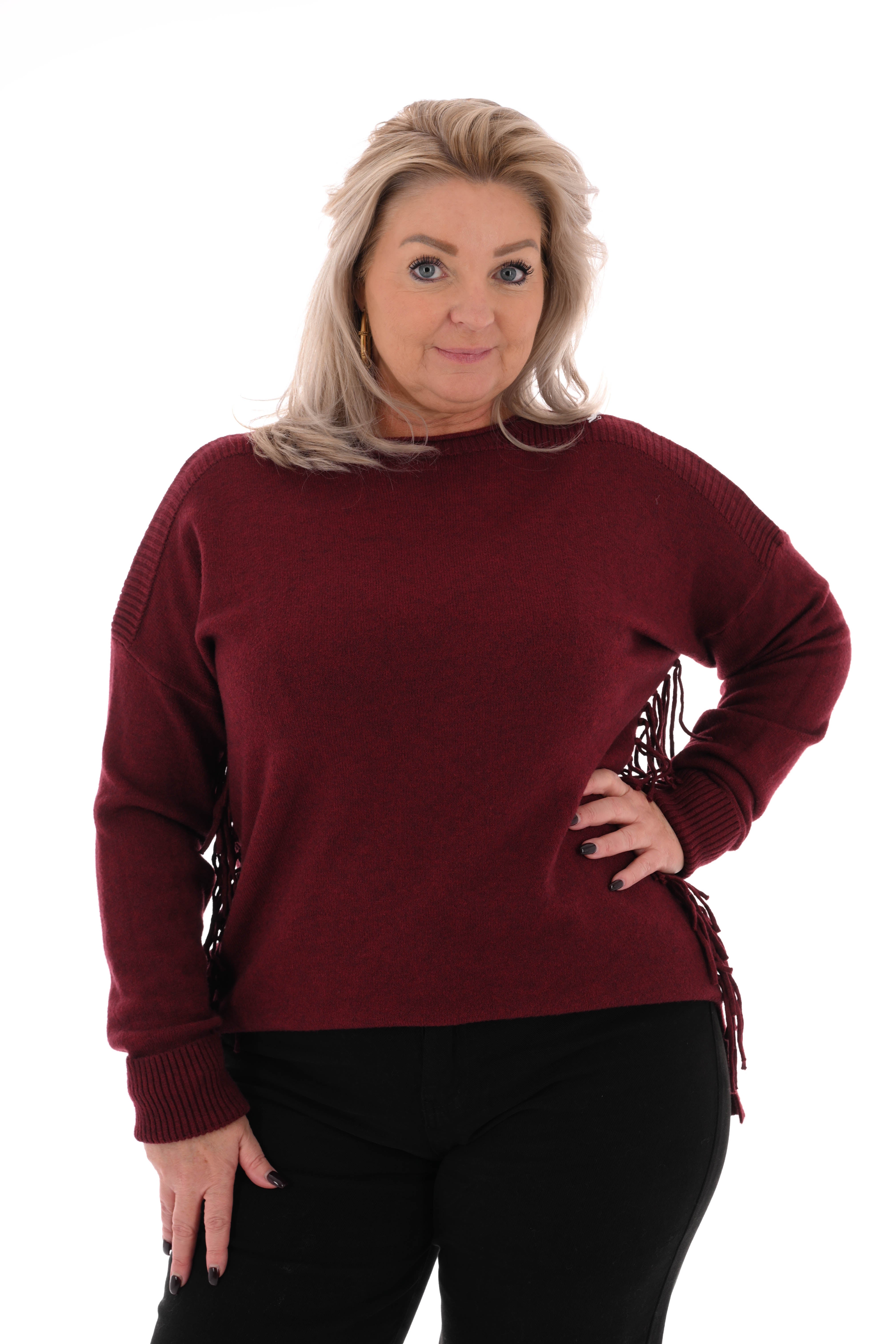 Trui zij franjes bordeaux